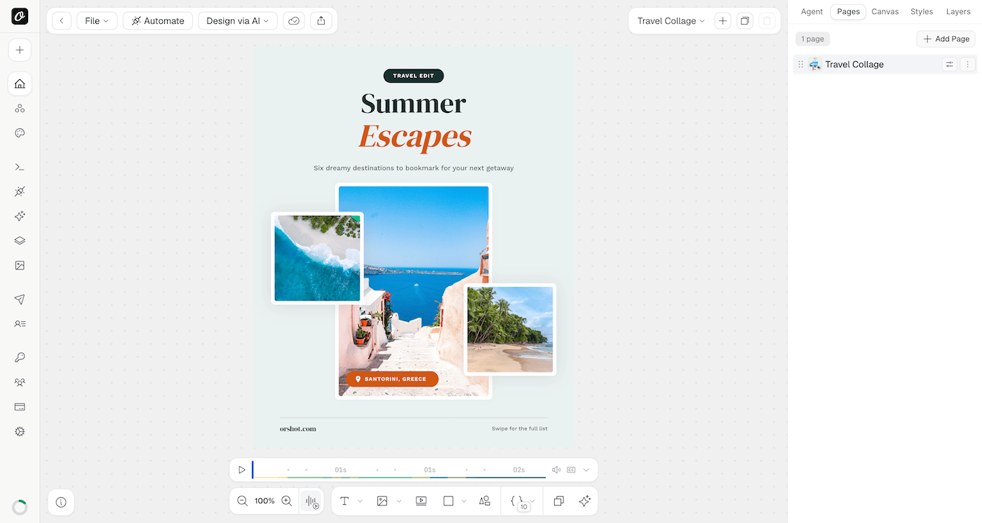 The travel template in the Orshot Studio editor, with an animation timeline