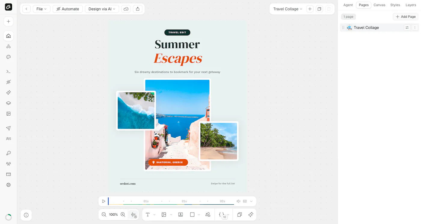The travel template in the Orshot Studio editor, with an animation timeline