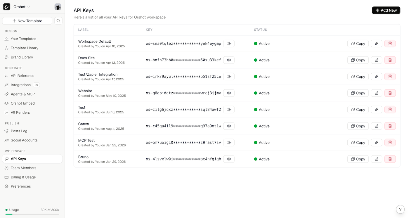 The Orshot API Keys page