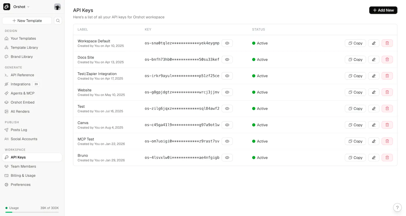 The Orshot API Keys page