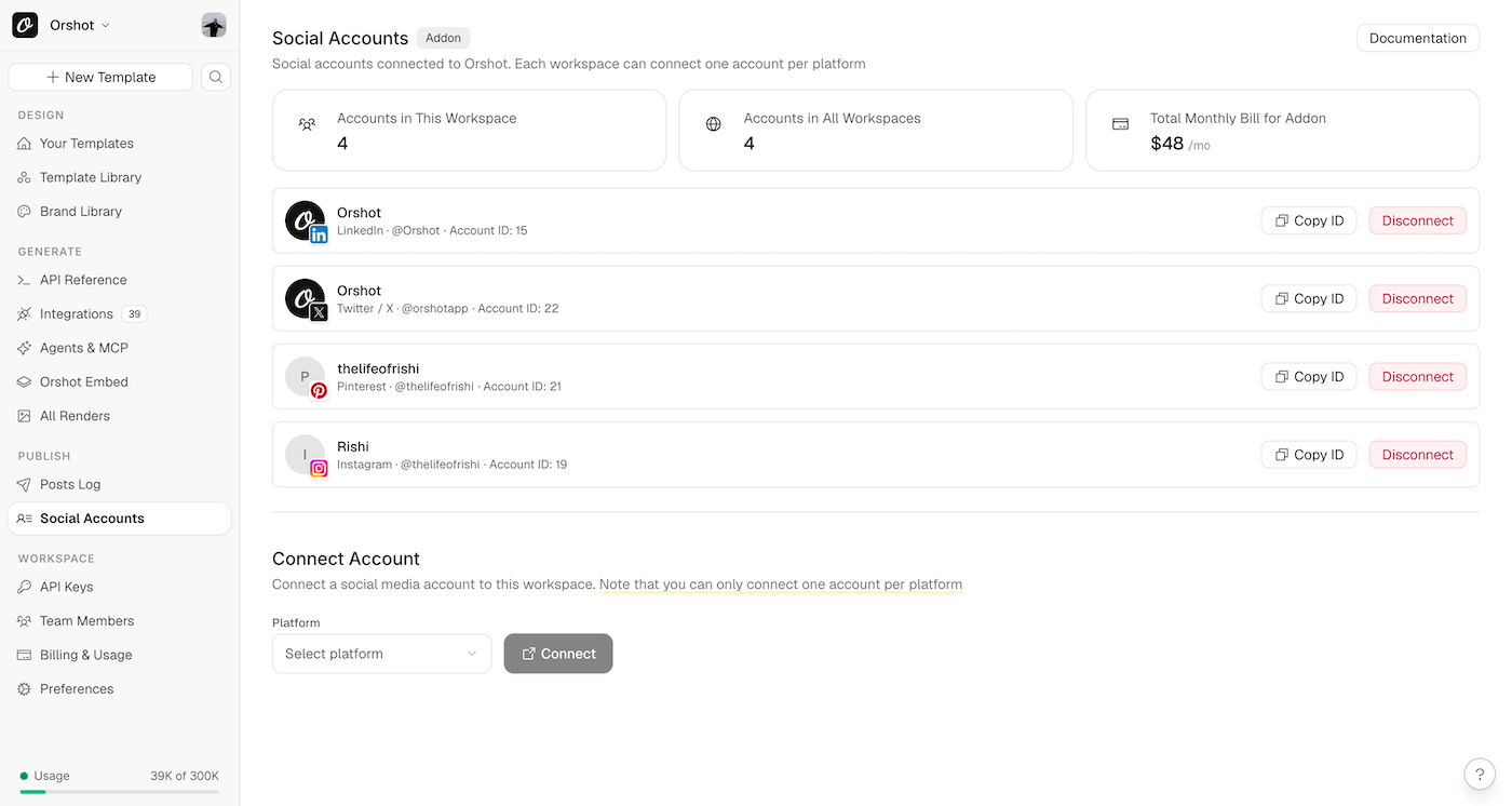 Connected social accounts in Orshot with their account IDs