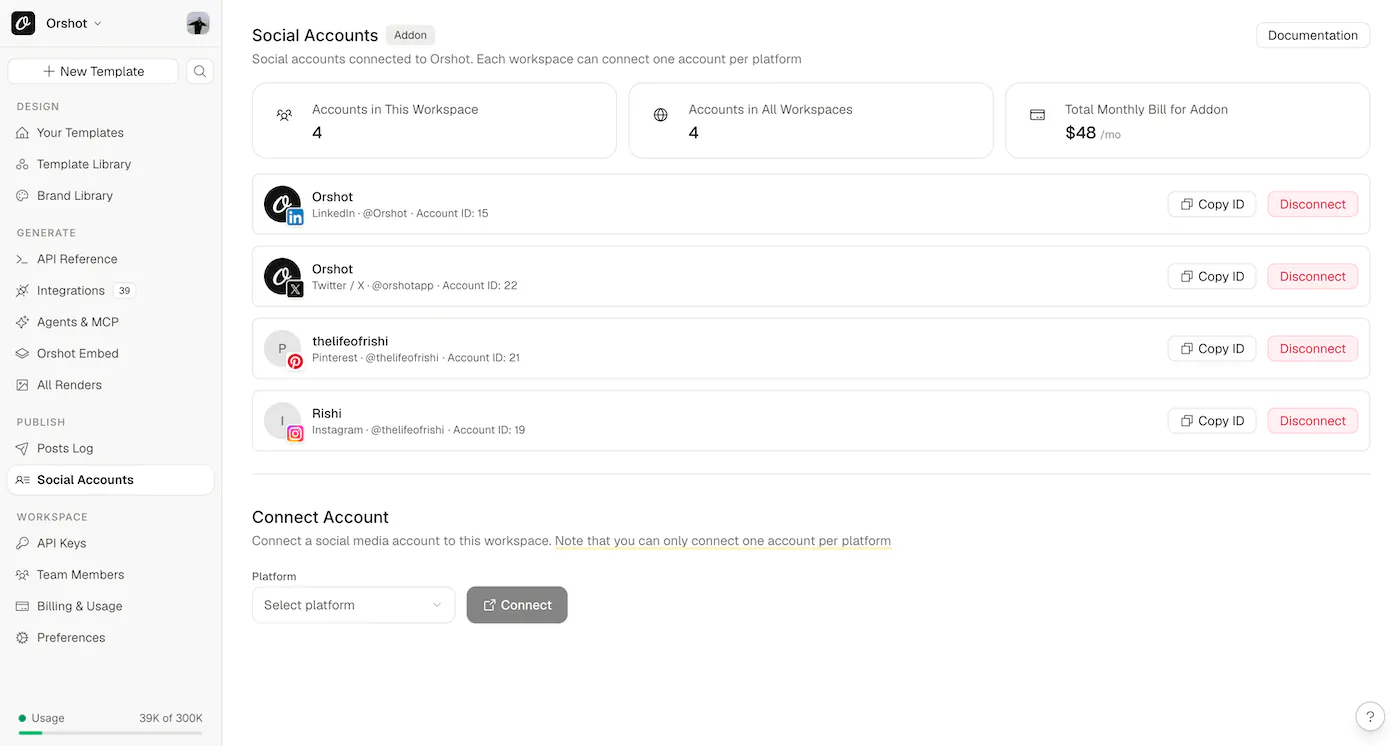 Connected social accounts in Orshot with their account IDs