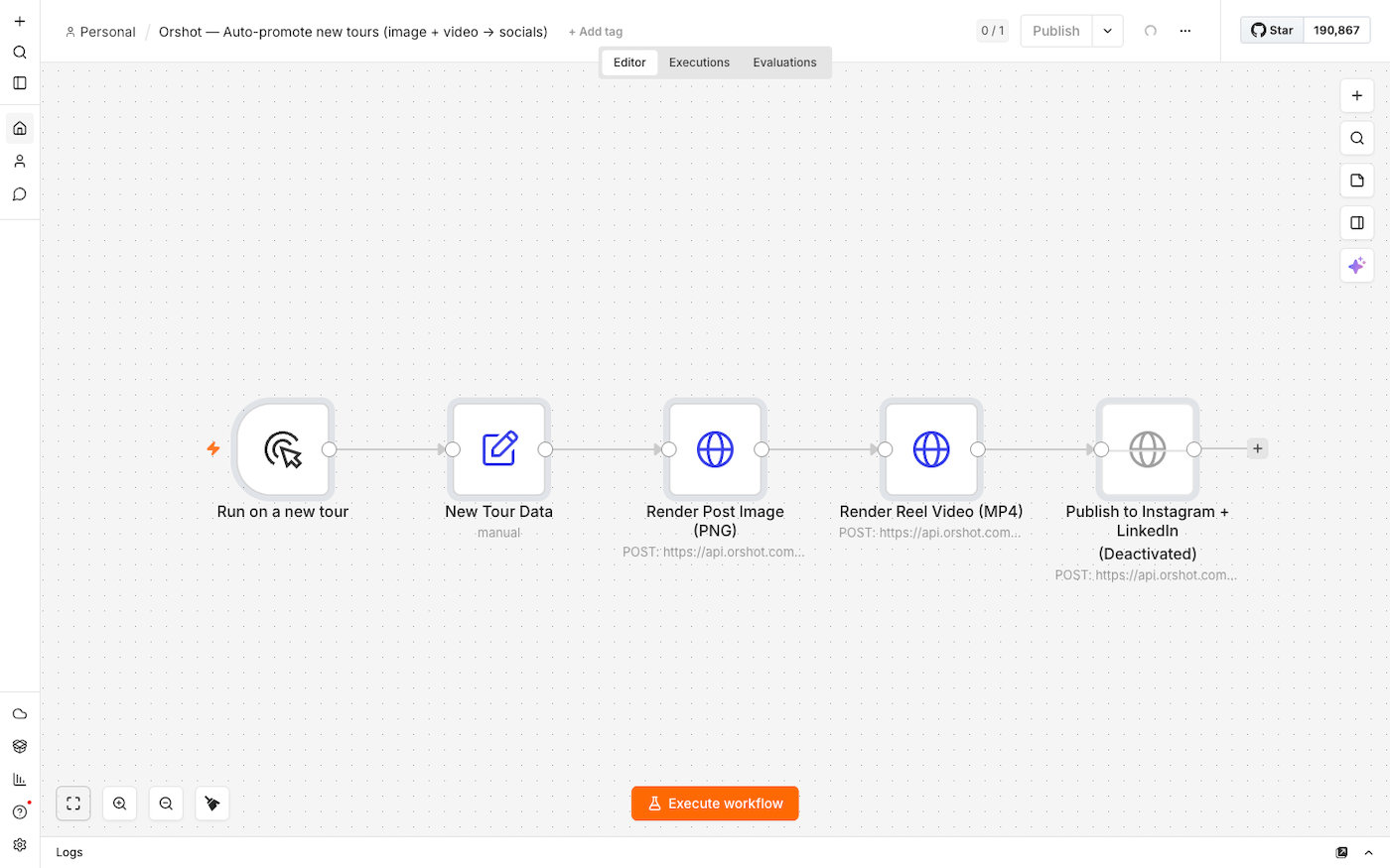 The full n8n workflow: trigger, data, render image, render video, publish
