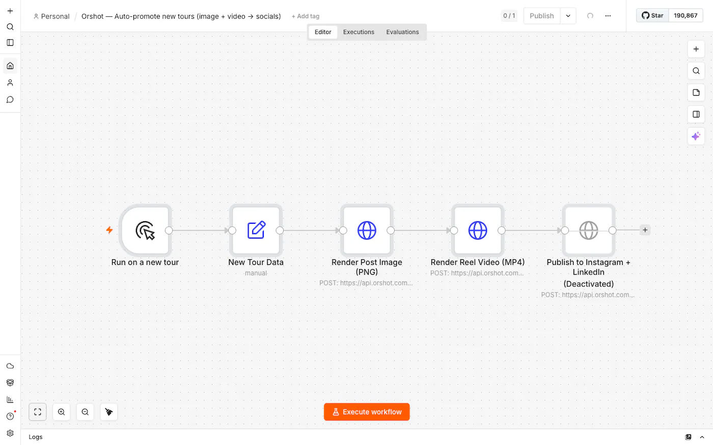 The full n8n workflow: trigger, data, render image, render video, publish
