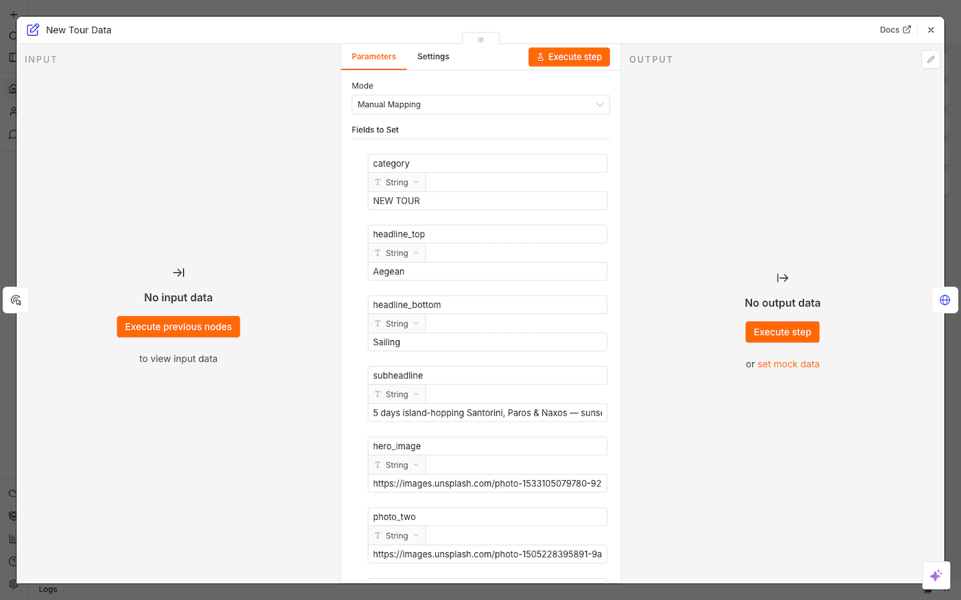 The Edit Fields node mapping tour data to template parameters