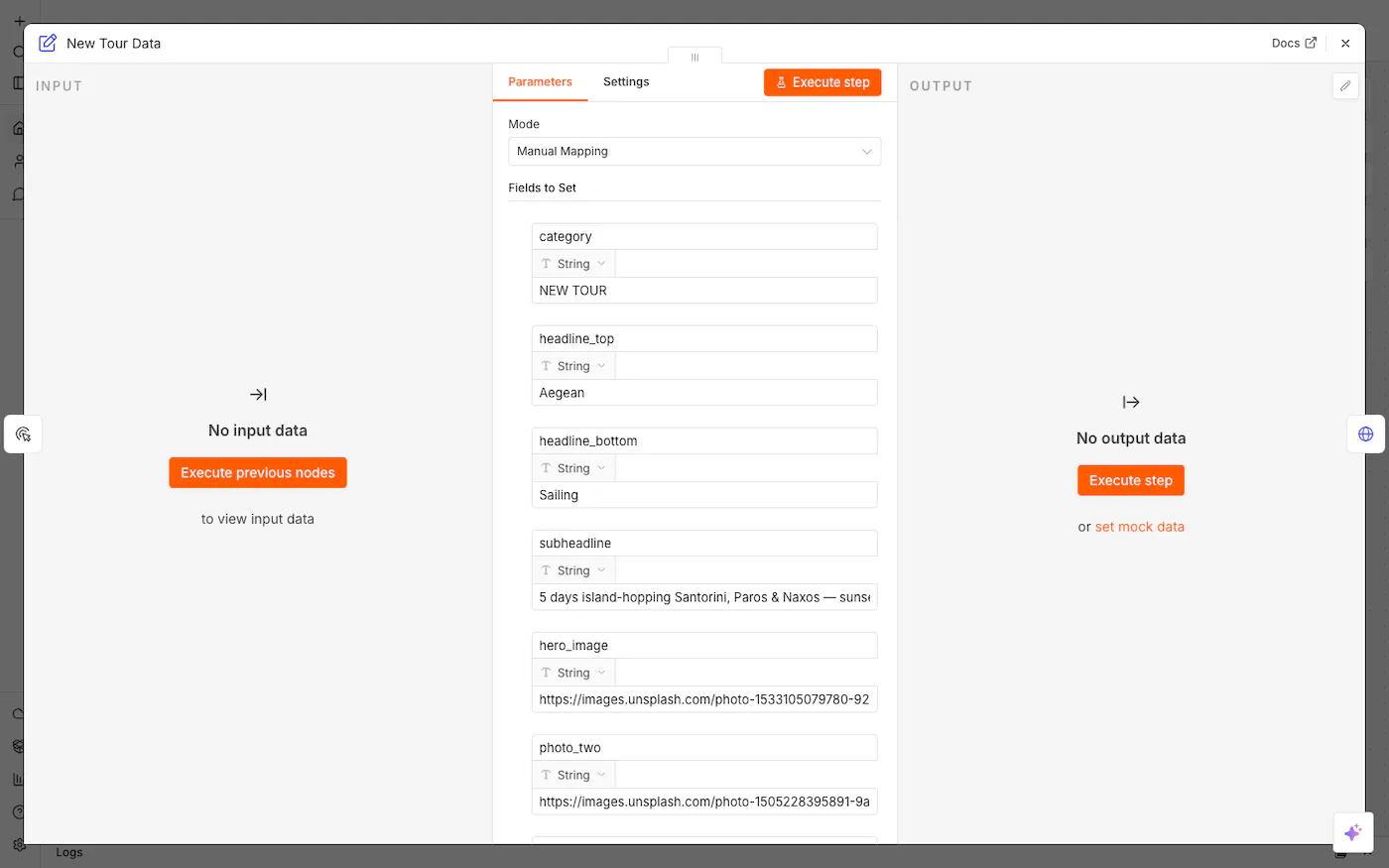 The Edit Fields node mapping tour data to template parameters