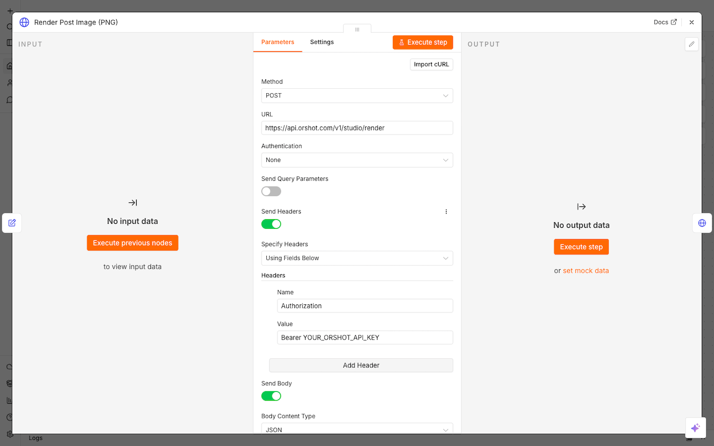 The HTTP Request node configured to render from Orshot