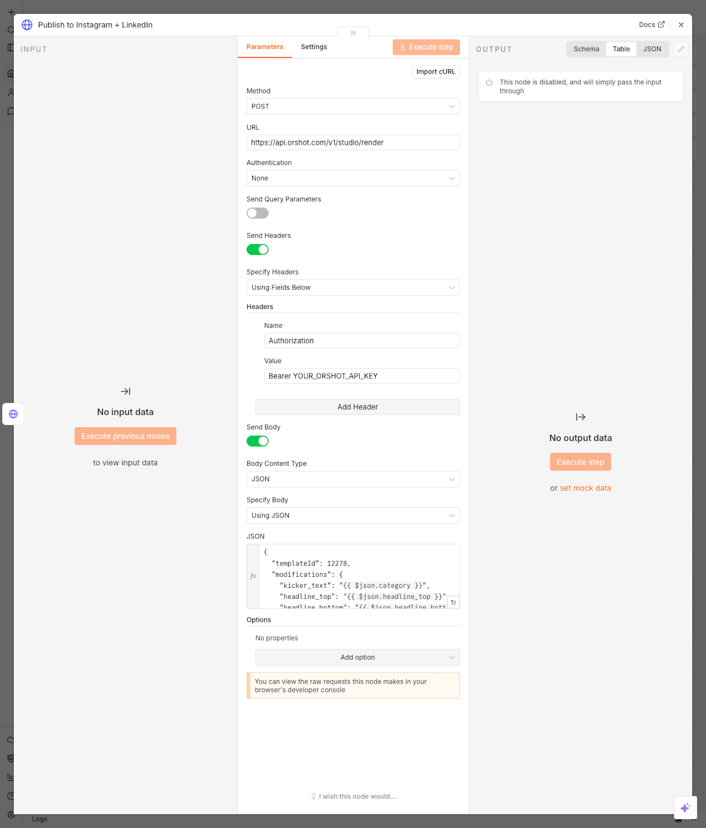 The Publish node, deactivated by default so nothing posts during testing