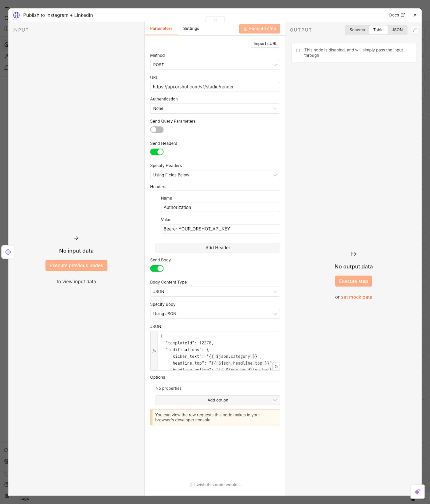 The Publish node, deactivated by default so nothing posts during testing