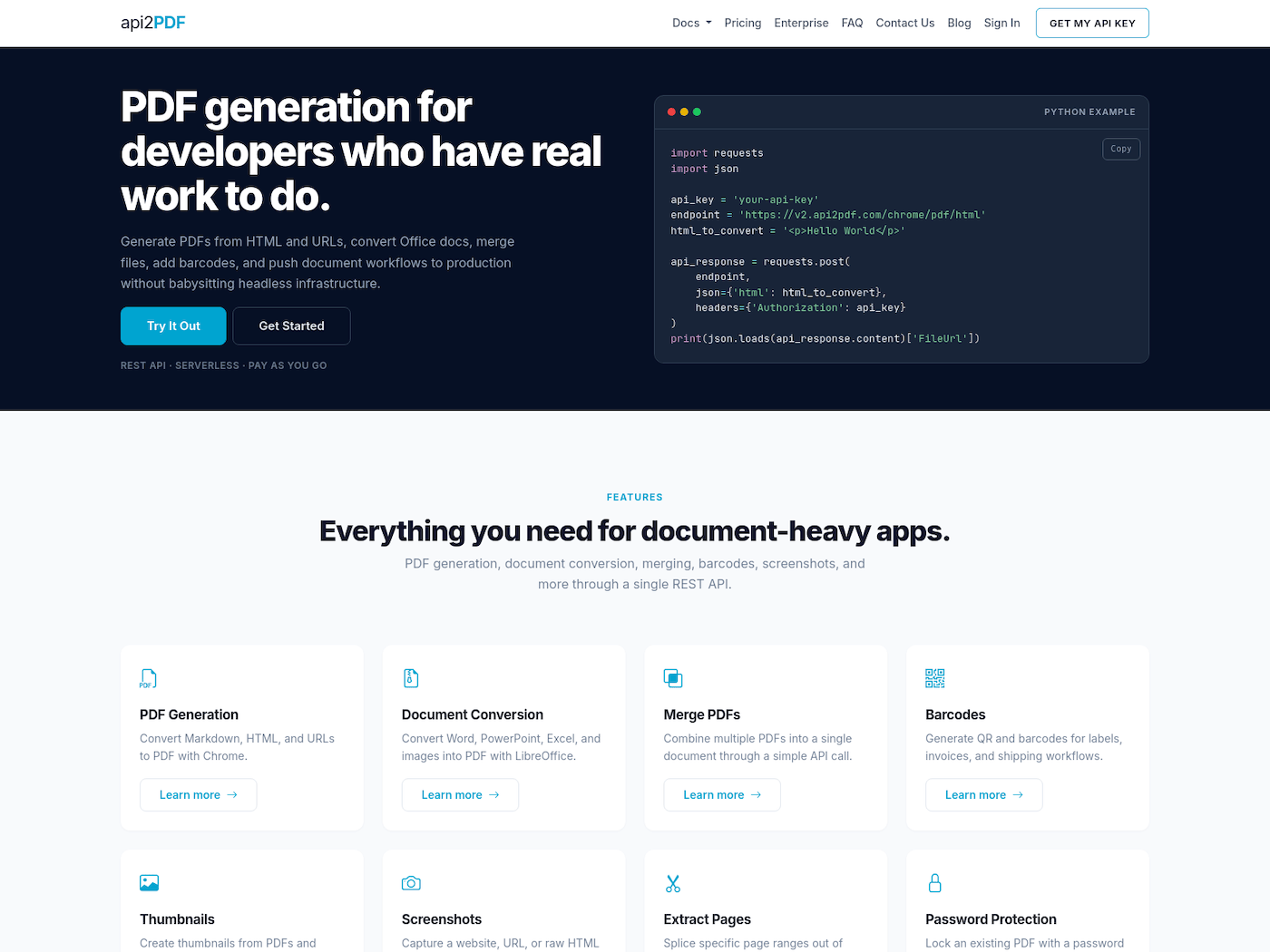 Api2Pdf — pay-per-use PDF generation API homepage