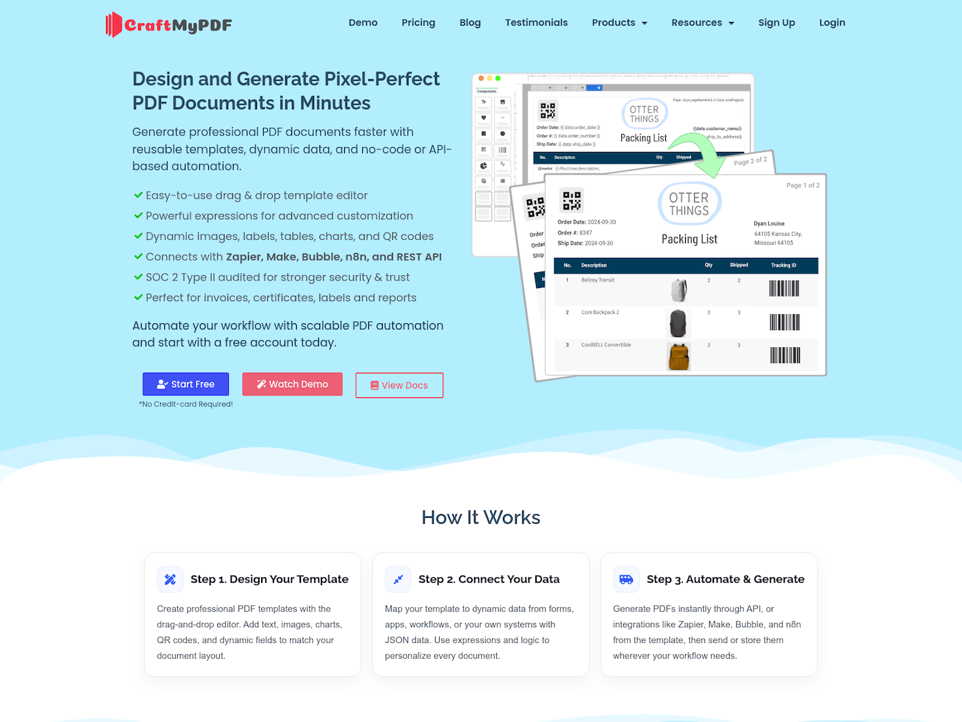 CraftMyPDF — drag-and-drop PDF template editor homepage