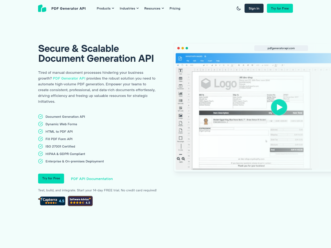 PDF Generator API — embeddable PDF editor homepage