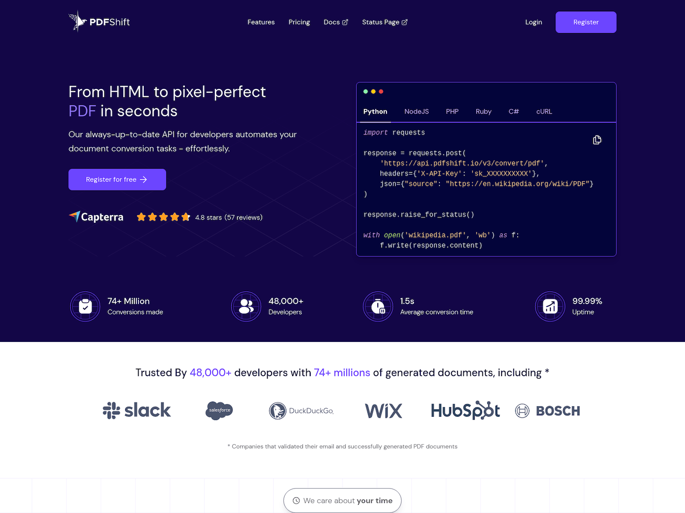PDFShift — HTML-to-PDF conversion API homepage