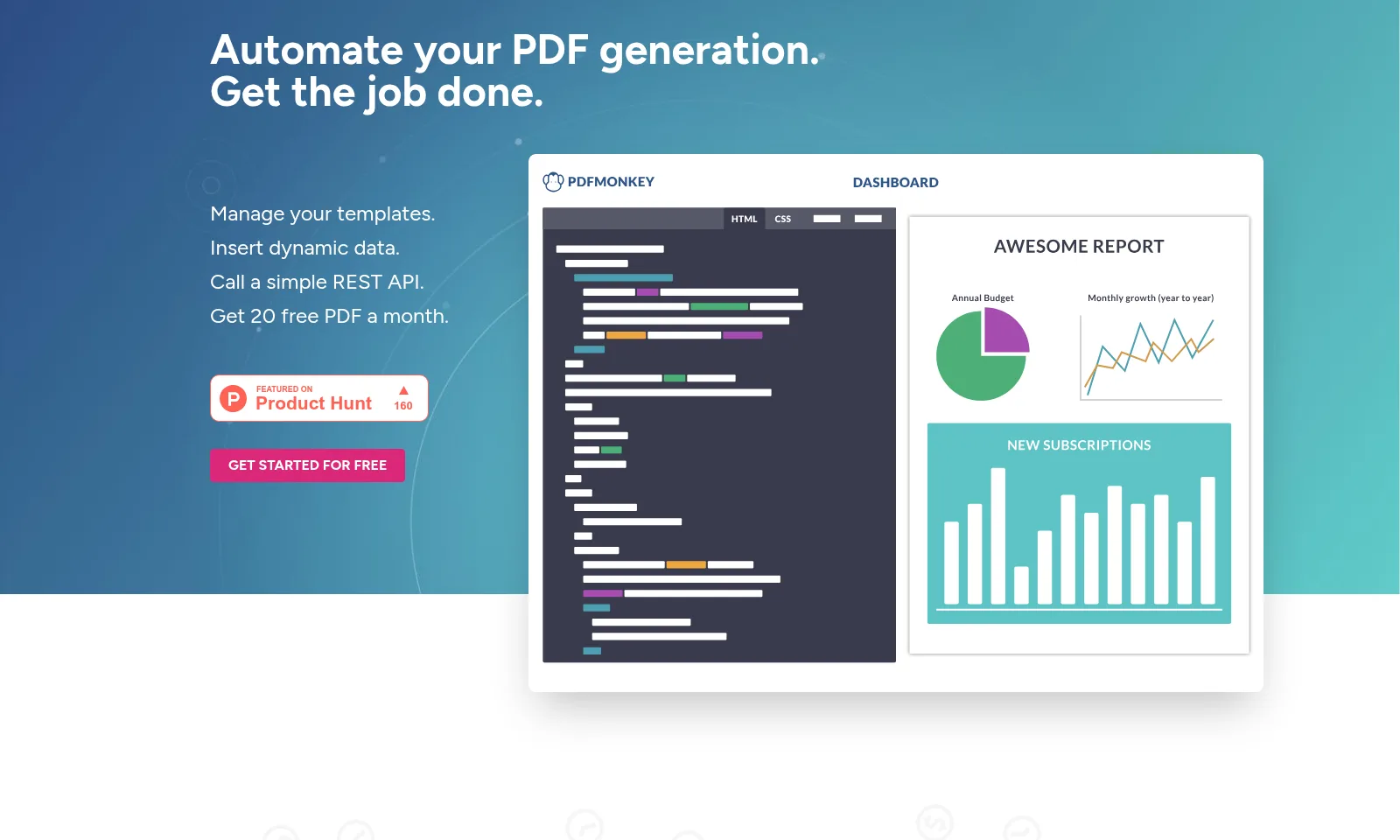 The PDFMonkey homepage: automate your PDF generation by managing templates, inserting dynamic data and calling a REST API