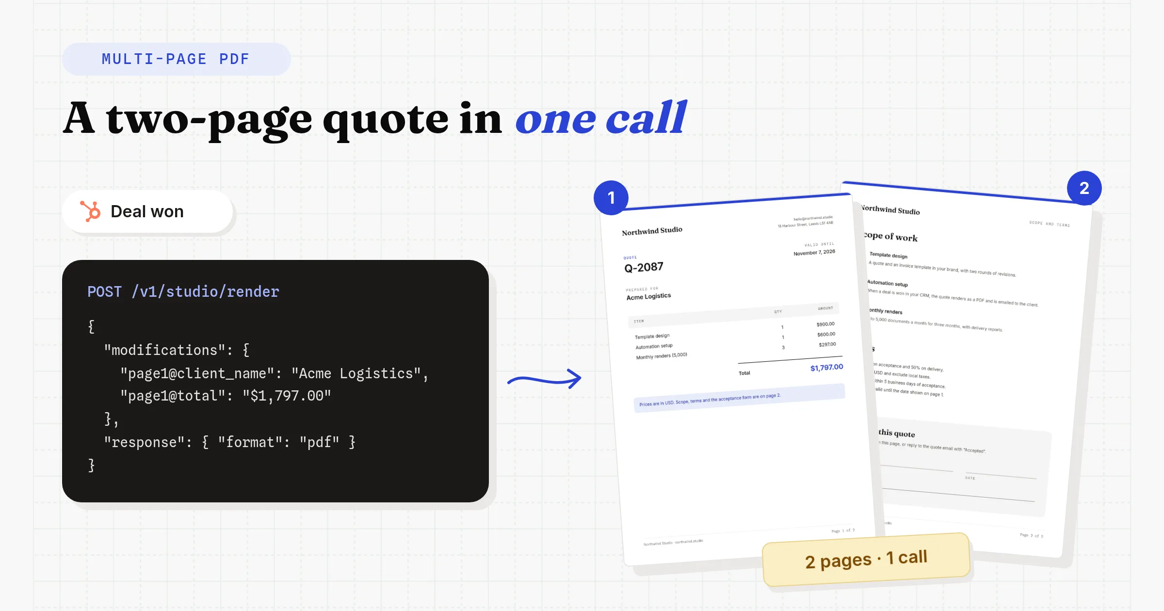 A real two-page quote rendered by Orshot in one call: page 1 with quote Q-2087 for Acme Logistics, three line items and a $1,797.00 total, page 2 with scope, terms and an acceptance block