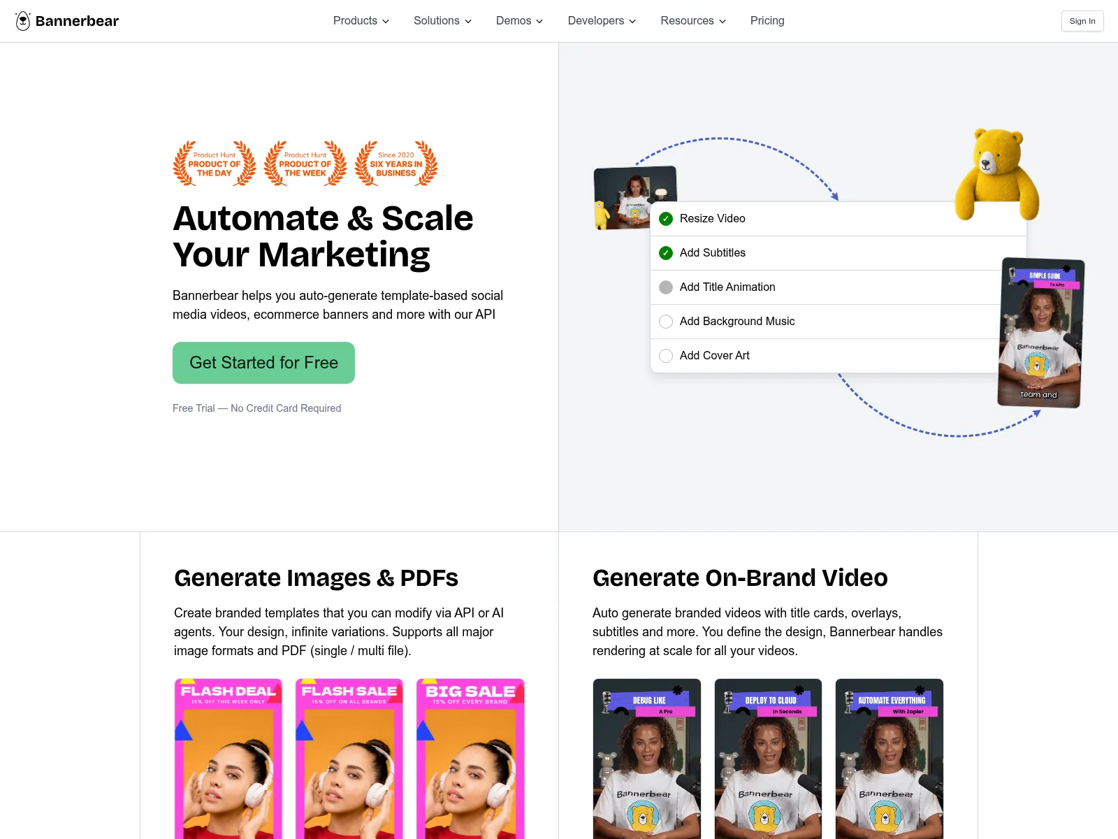 The Bannerbear homepage: auto-generate template-based social media videos and ecommerce banners with an API