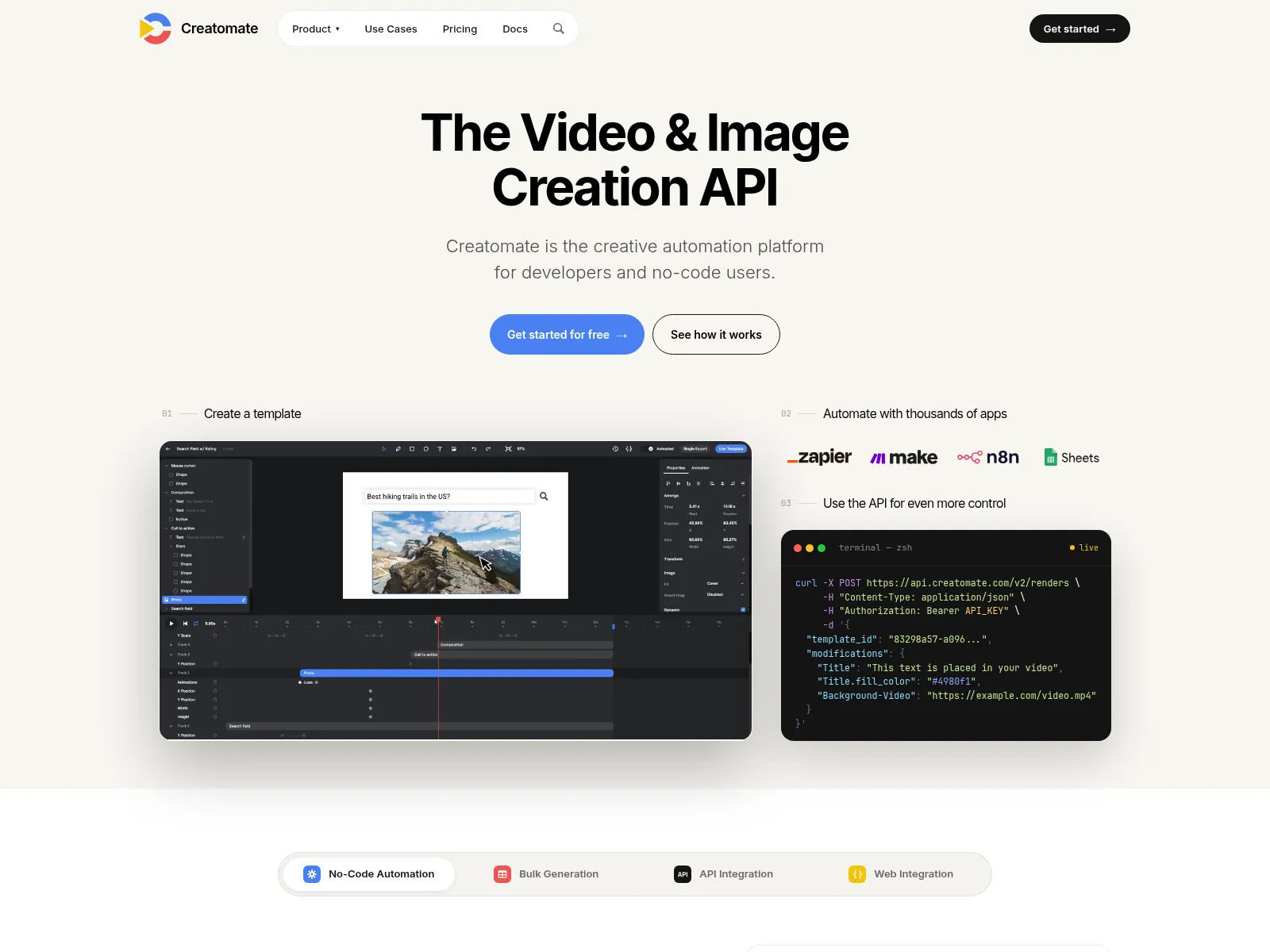 The Creatomate homepage: a video and image creation API with a timeline template editor