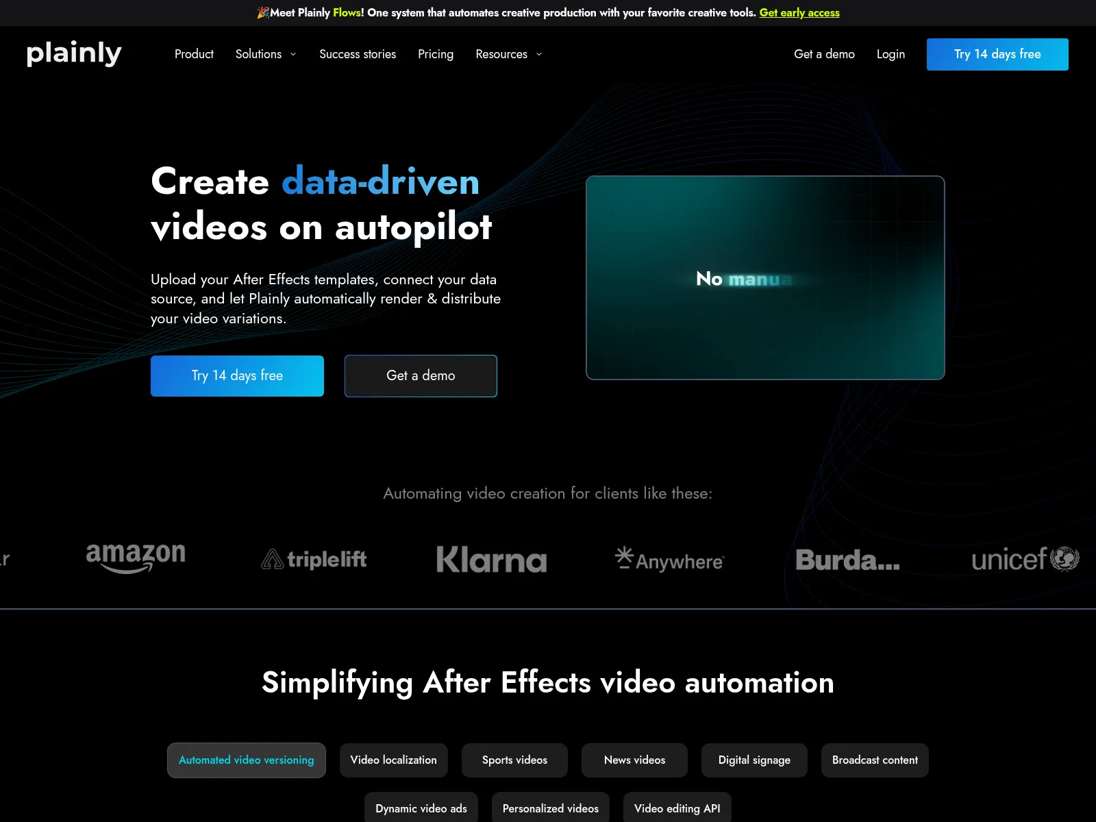 The Plainly homepage: create data-driven videos by uploading After Effects templates and connecting a data source