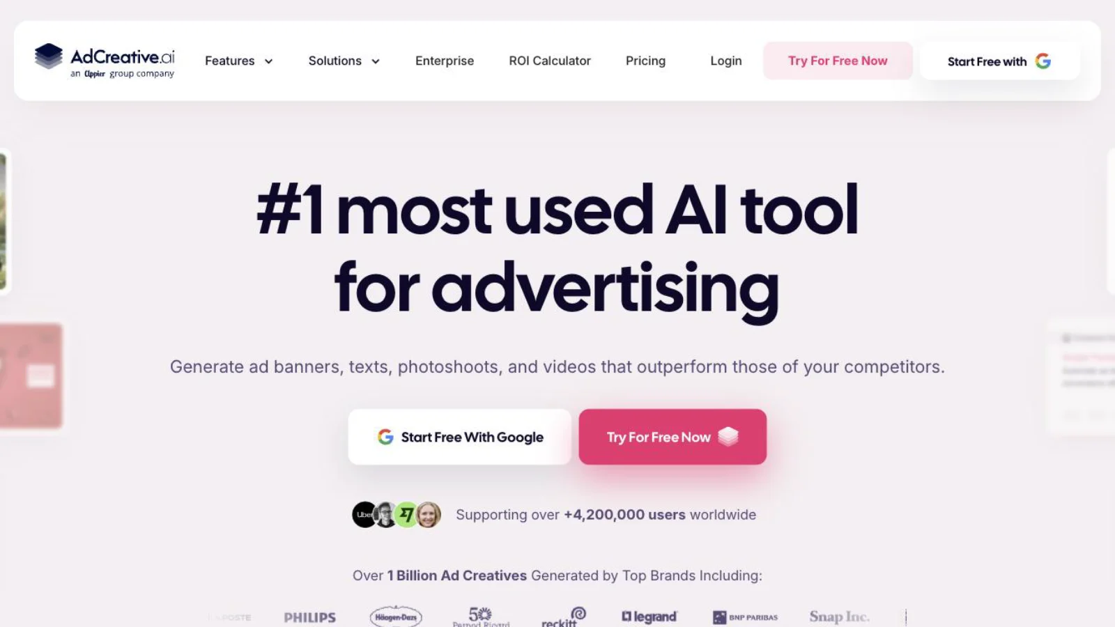 The AdCreative.ai homepage — an AI tool that generates ad creatives and scores them for predicted conversion