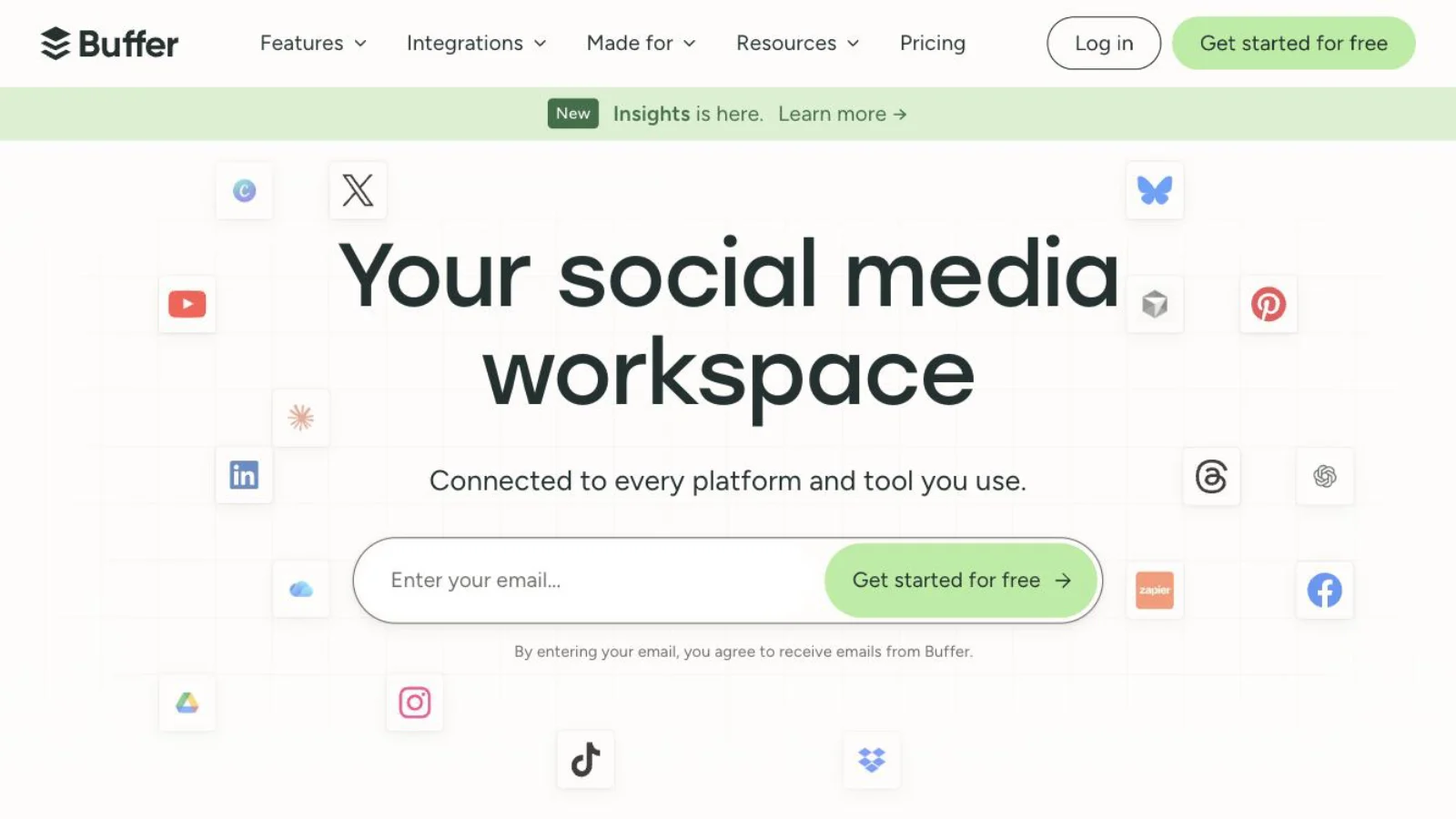 The Buffer homepage — a social media workspace for scheduling posts across every platform