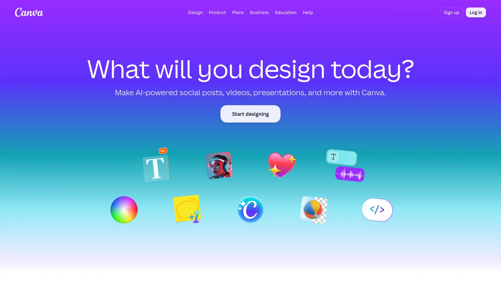The Canva homepage — AI-powered social posts, videos and presentations in a drag-and-drop editor