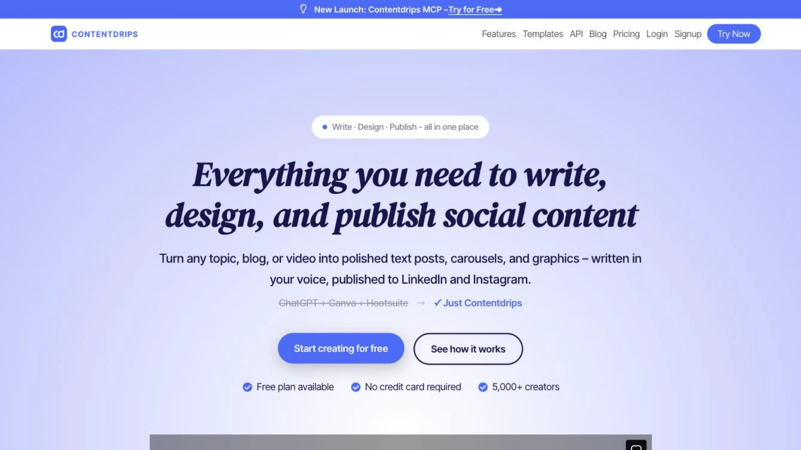 The Contentdrips homepage — write, design and publish social content, focused on LinkedIn and Instagram carousels