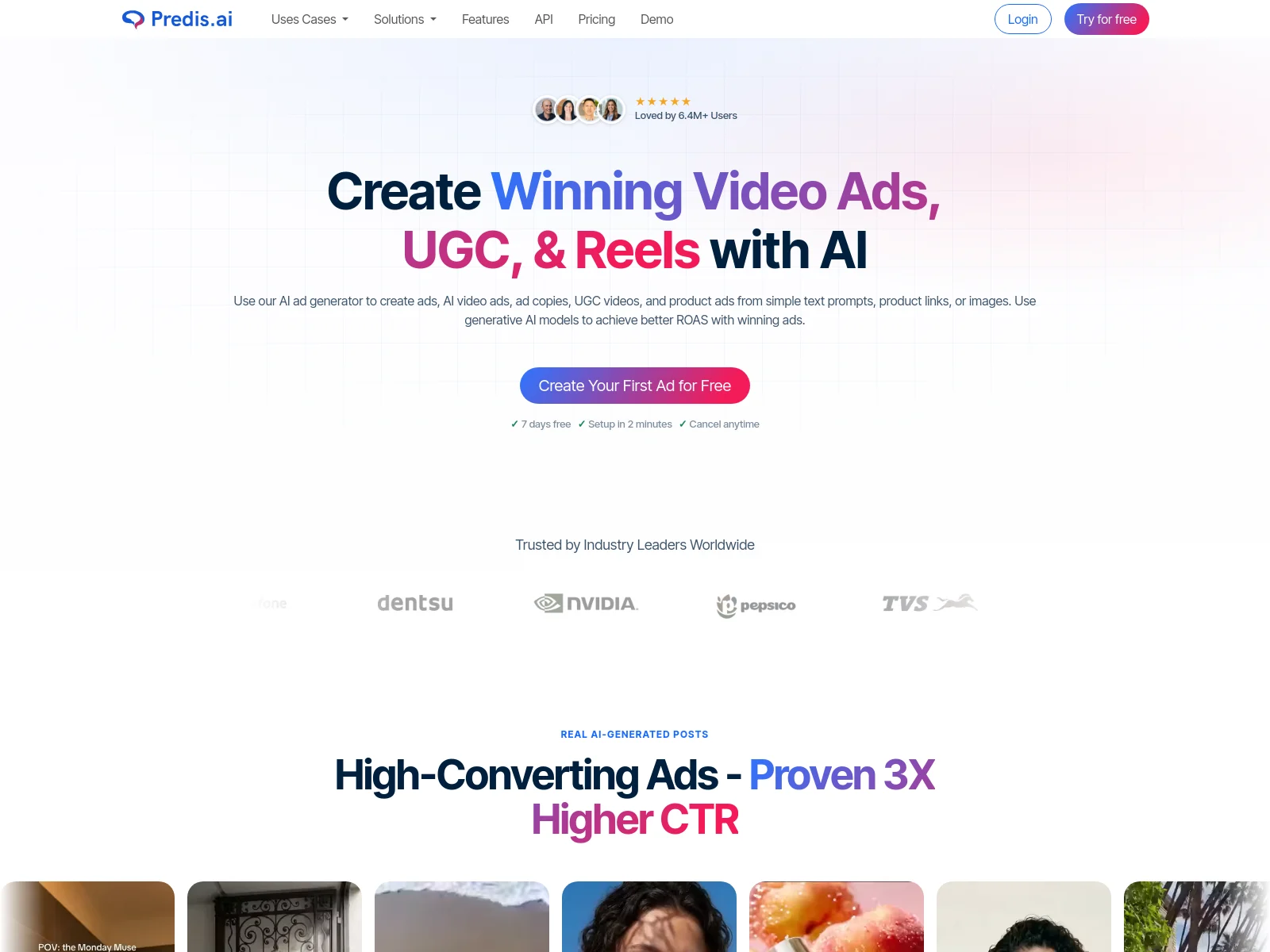 The Predis.ai homepage — an AI ad generator that creates video ads, UGC and reels from a text prompt, product link or image