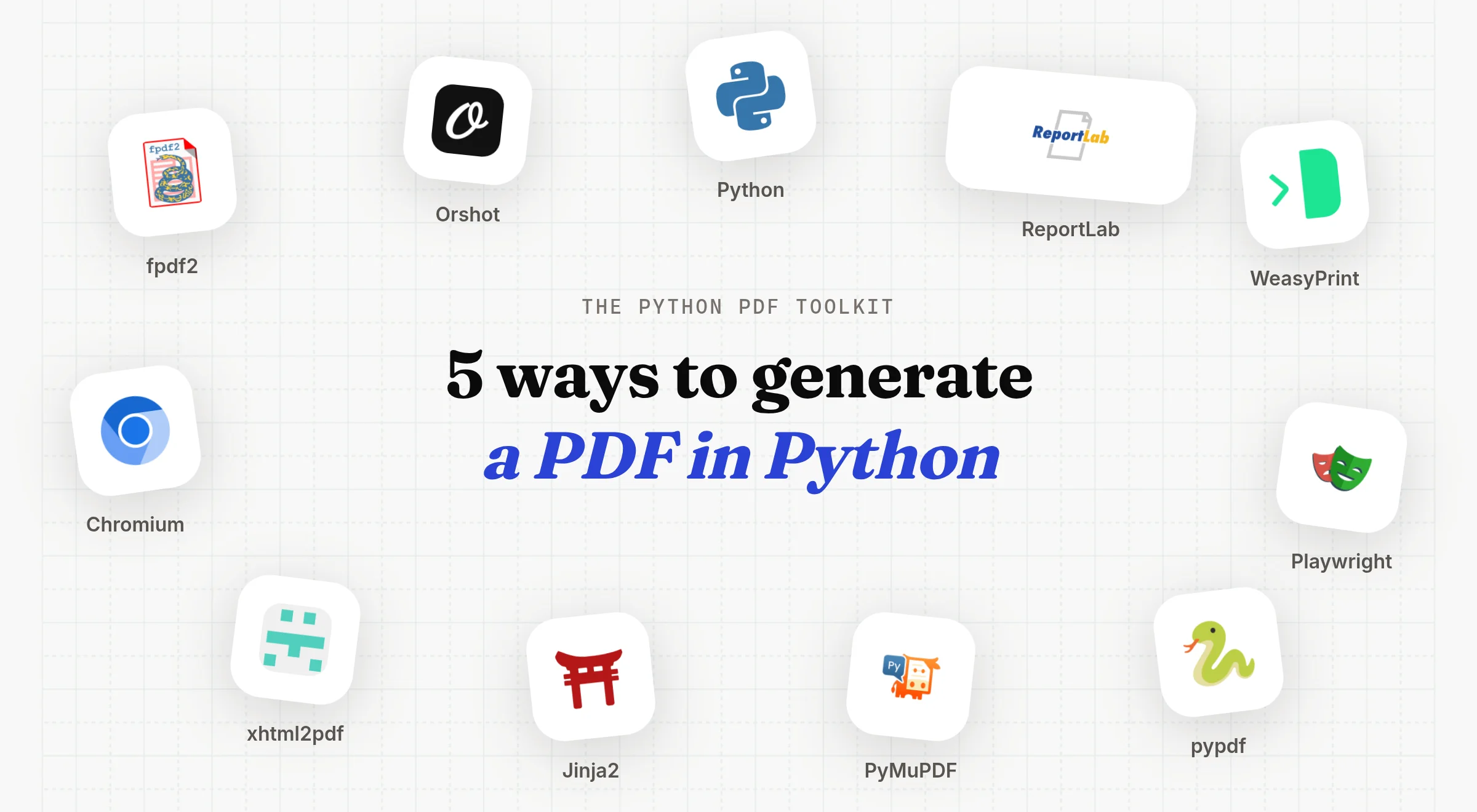 The Python PDF toolkit: fpdf2, ReportLab, WeasyPrint, Playwright, xhtml2pdf, pypdf, PyMuPDF, Jinja2, Chromium, Python and the Orshot API, five ways to generate a PDF in Python