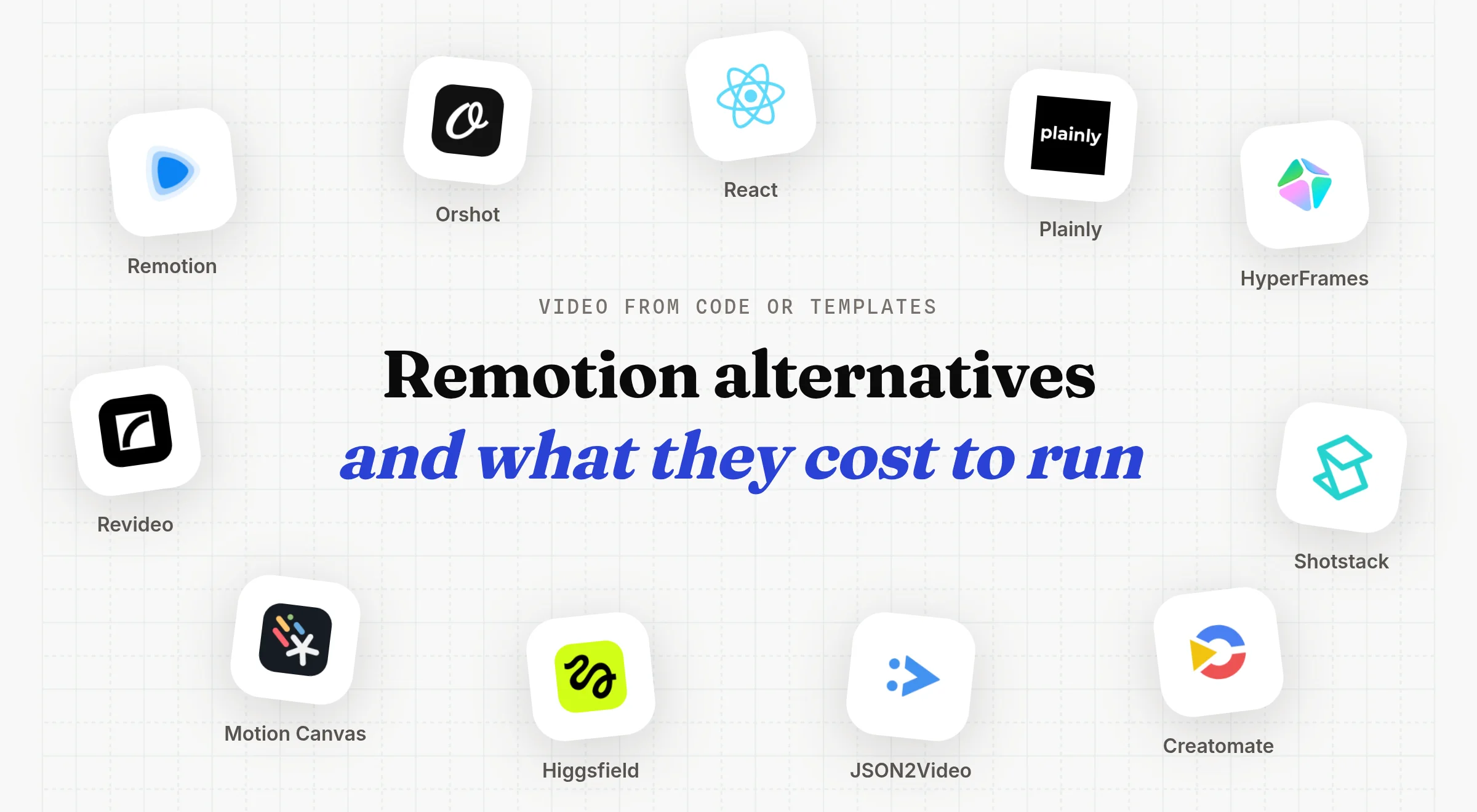 Remotion alternatives and what they cost to run: Remotion, React, HyperFrames, Revideo and Motion Canvas for video in code, Shotstack, Creatomate, JSON2Video, Plainly and Orshot as hosted render APIs, and Higgsfield for AI footage
