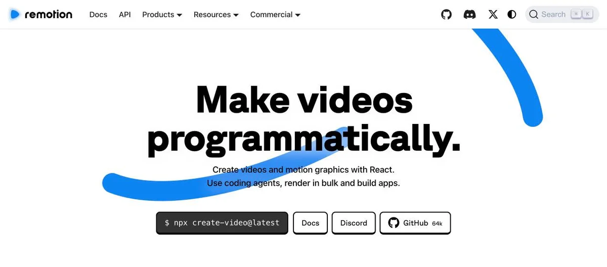 Remotion homepage on October 15, 2026: Make videos programmatically, create videos and motion graphics with React, with npx create-video@latest and a GitHub button showing 64k stars