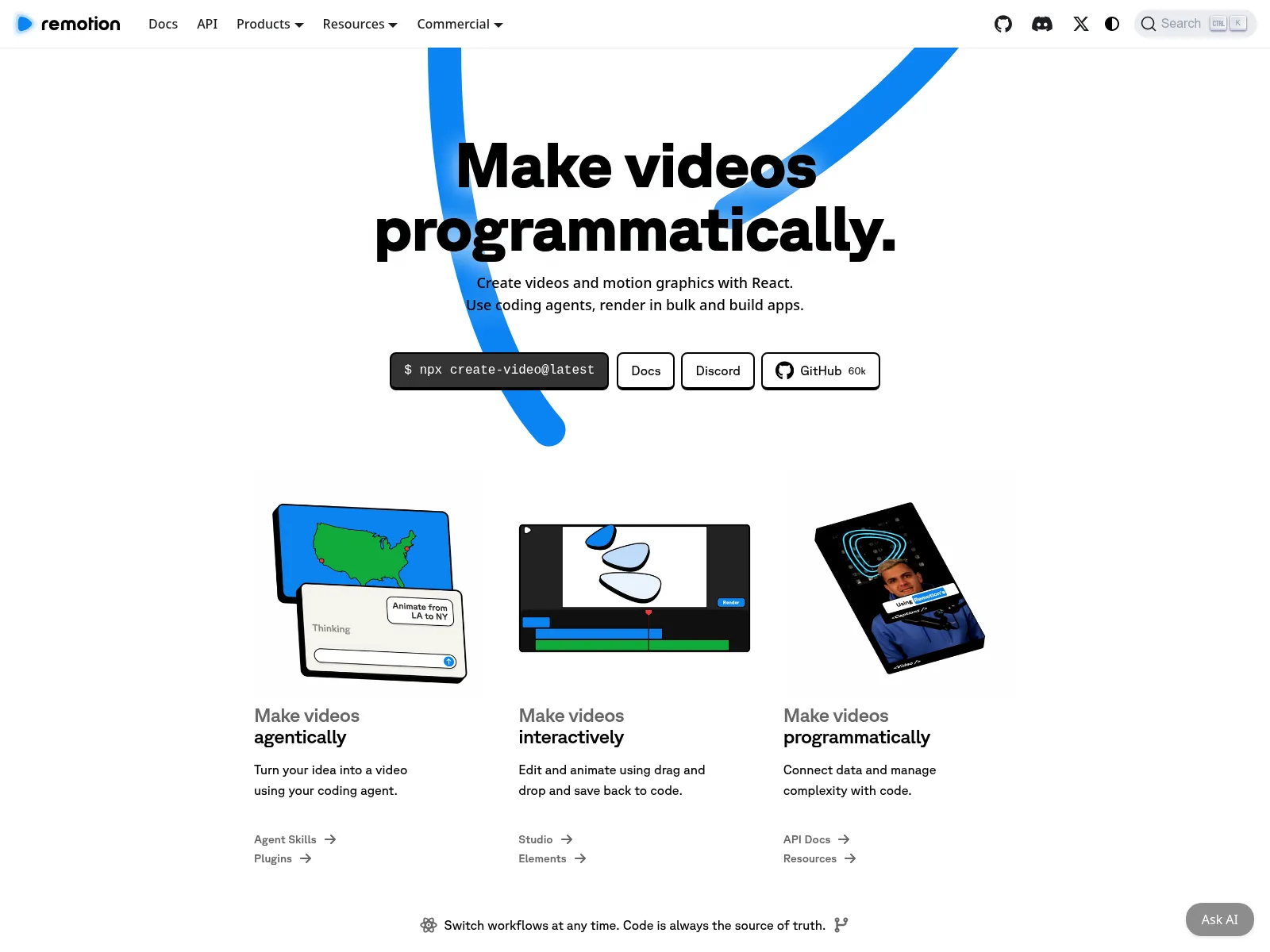 The Remotion homepage: make videos programmatically with React