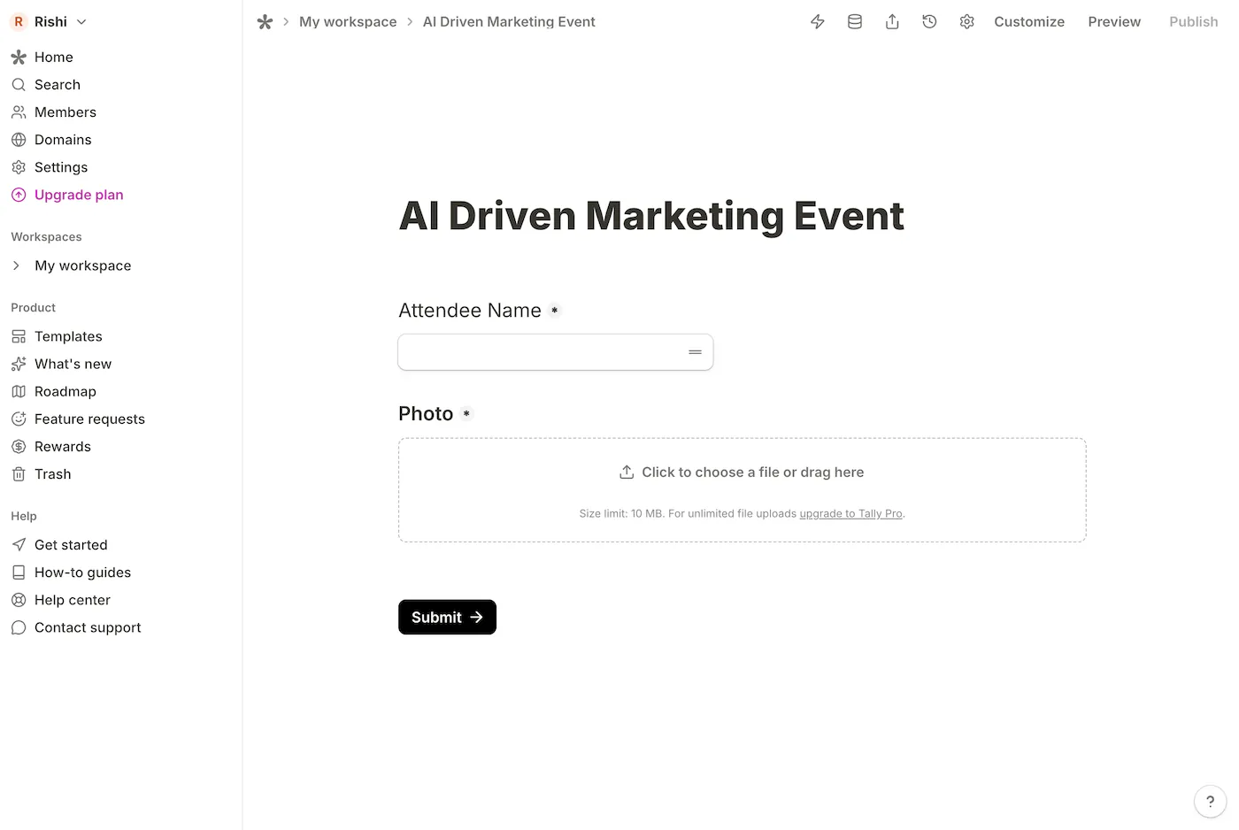 A Tally form with attendee fields