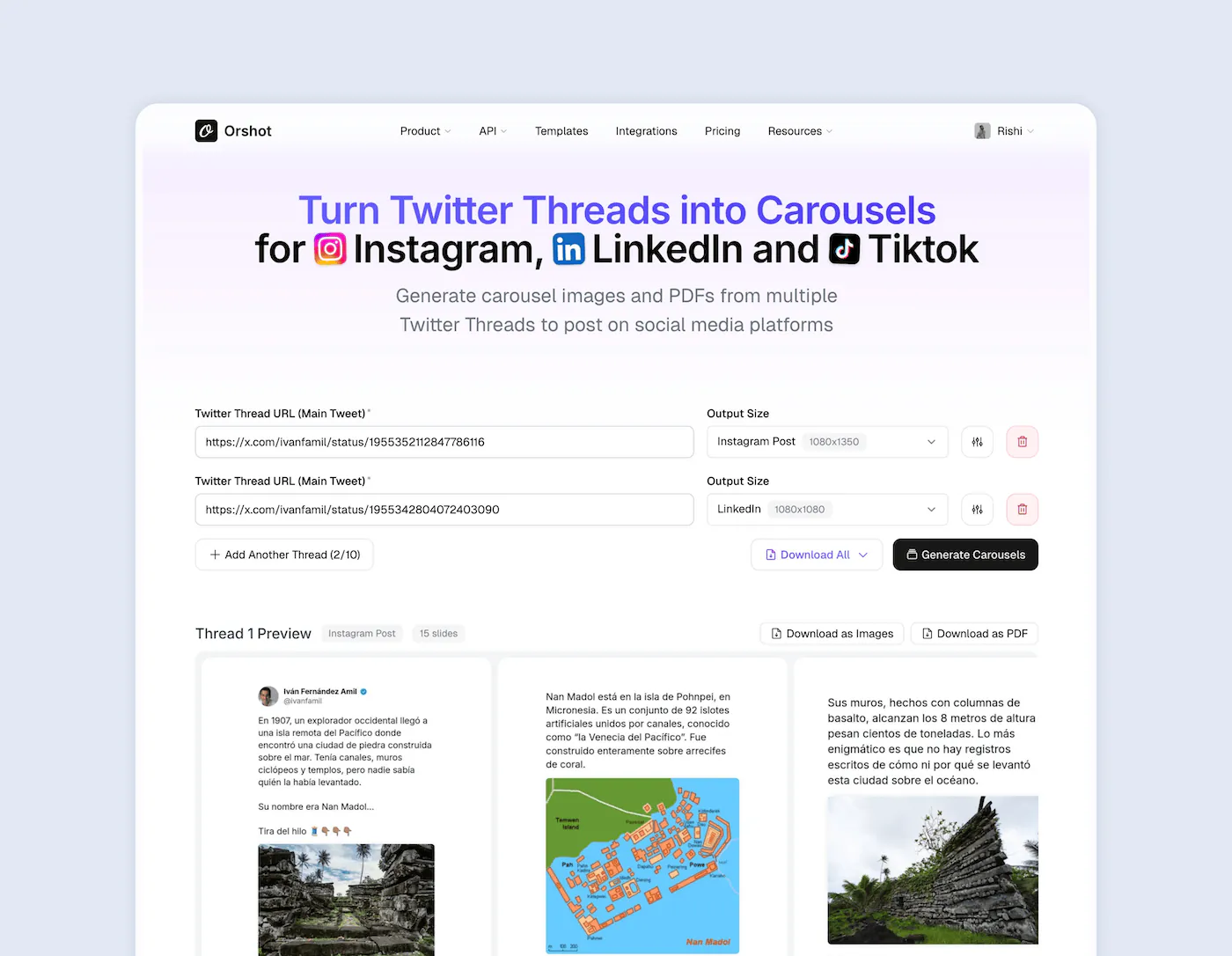 The Orshot Twitter thread to carousel generator