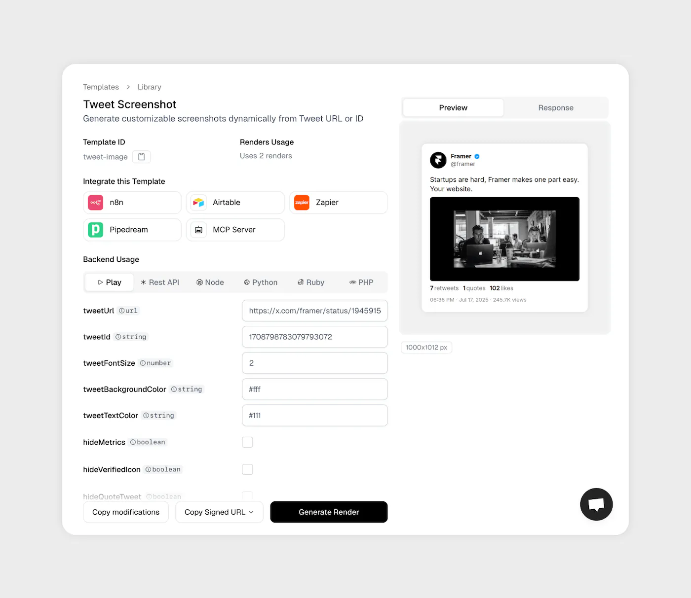 A Twitter image template in the Orshot playground