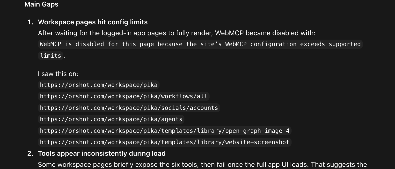 ChatGPT's audit finding that workspace pages hit WebMCP configuration limits, with the exact error and the list of affected URLs