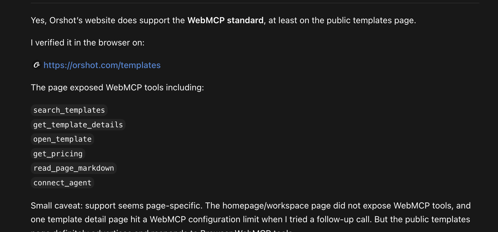 ChatGPT confirming the site supports the WebMCP standard and listing the six public tools it discovered on the templates page