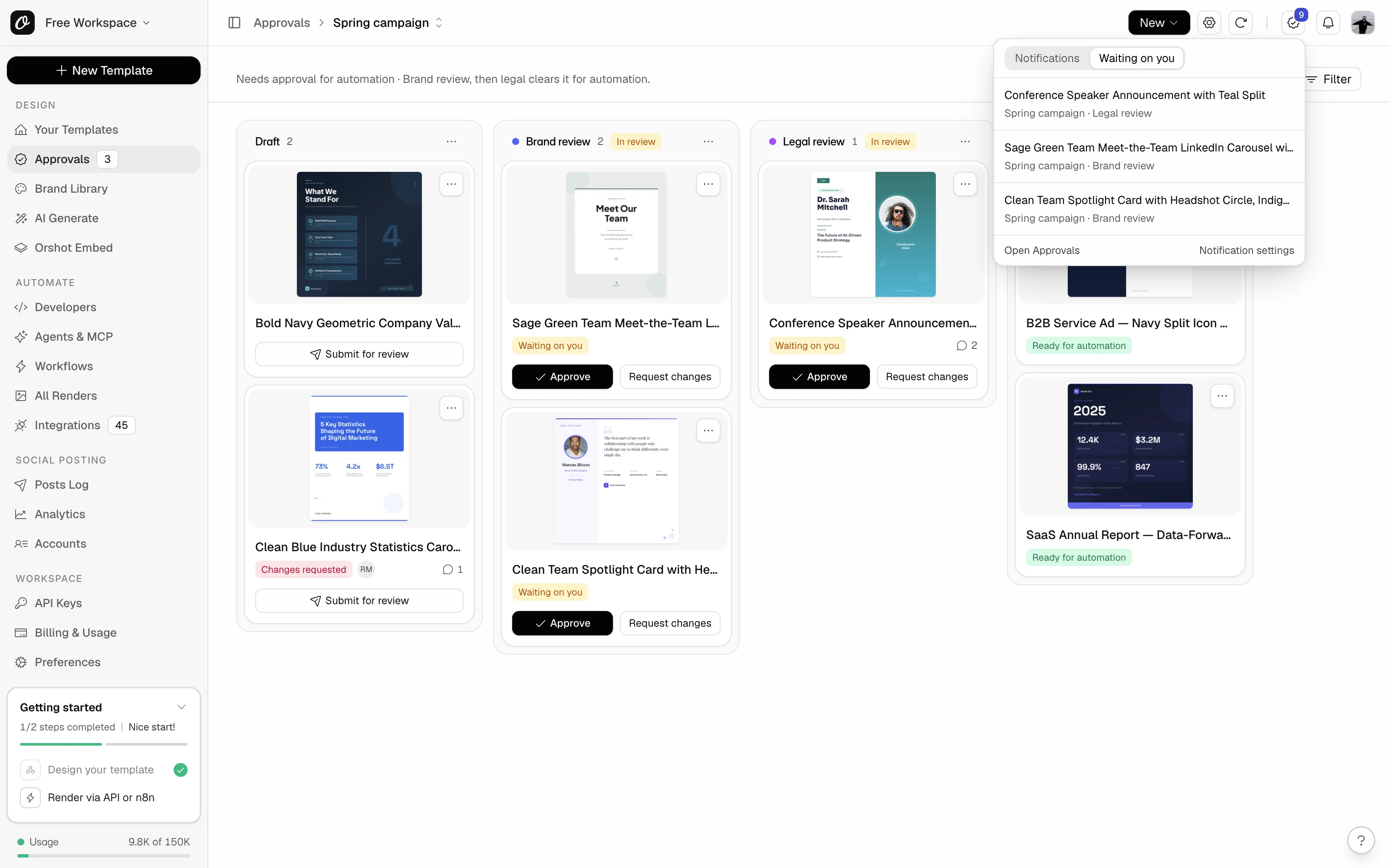 The Approvals inbox open on Waiting on you, listing three templates with their flow and stage
