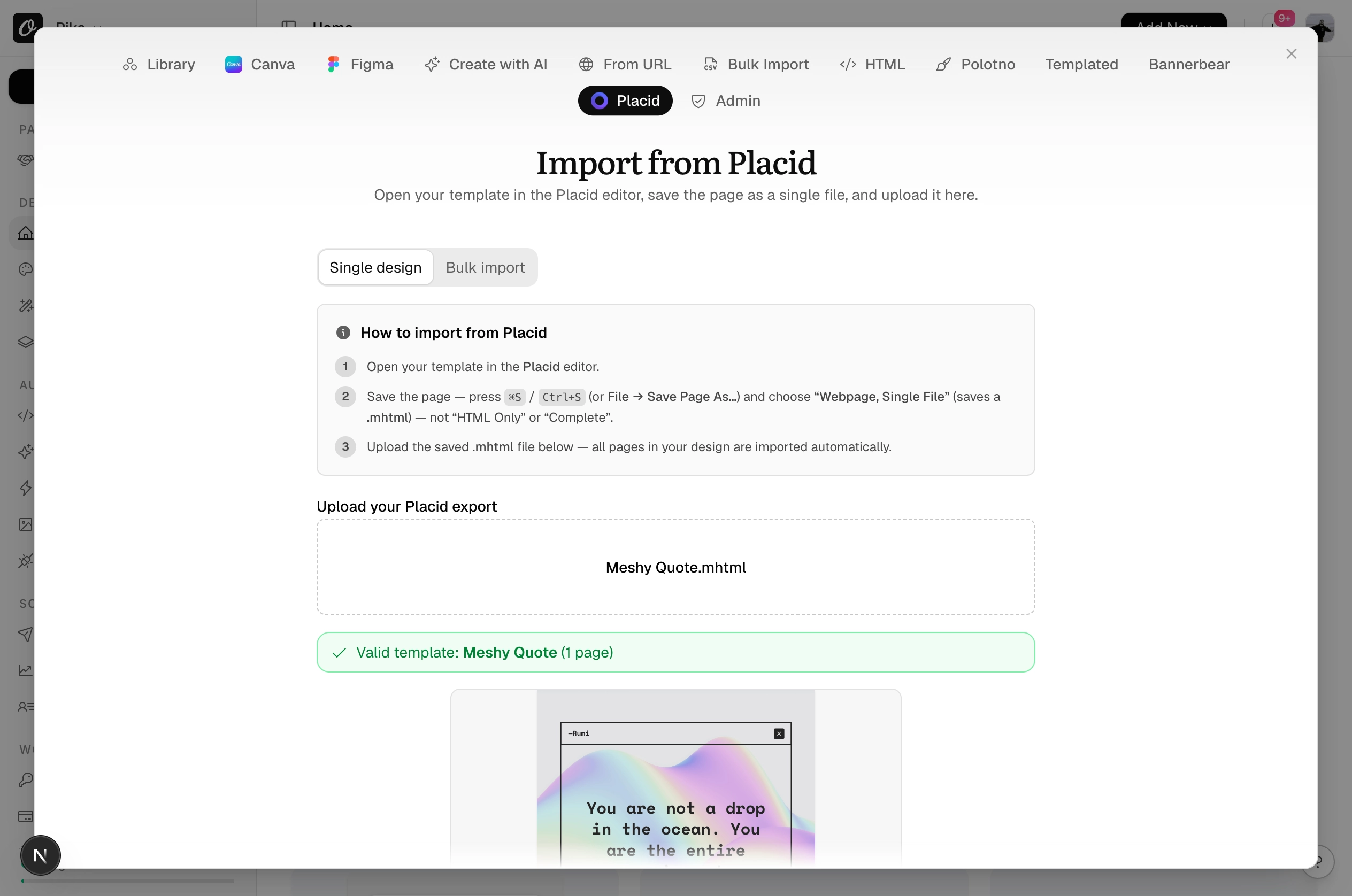 The Import from Placid screen after reading the file: the template name, a preview of the design, the ownership box and the Import button