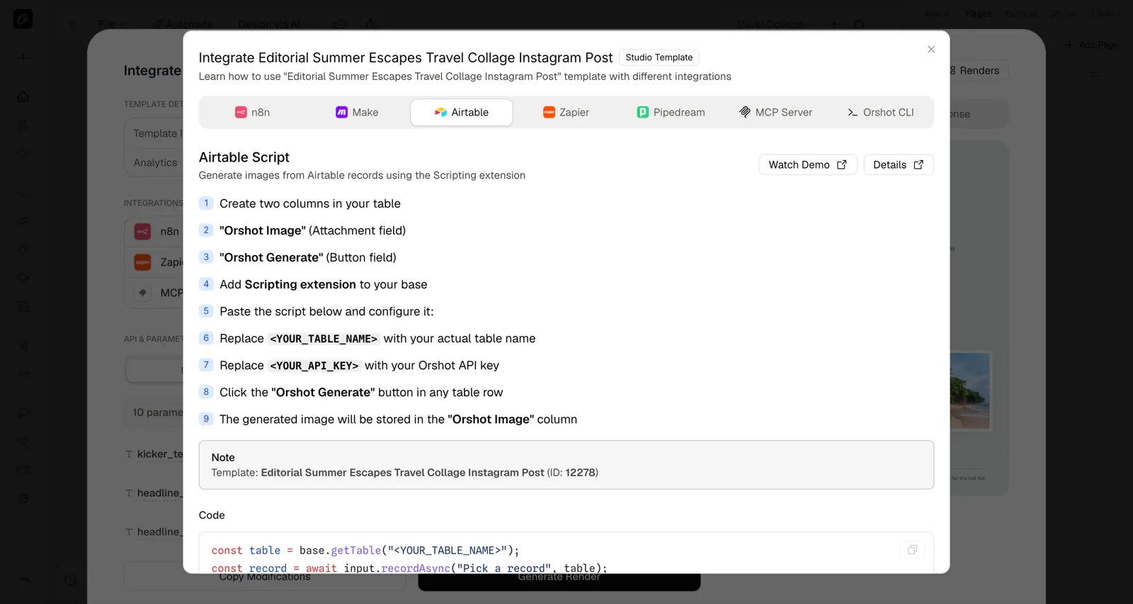 The Airtable setup steps inside Orshot's Integrate Template panel