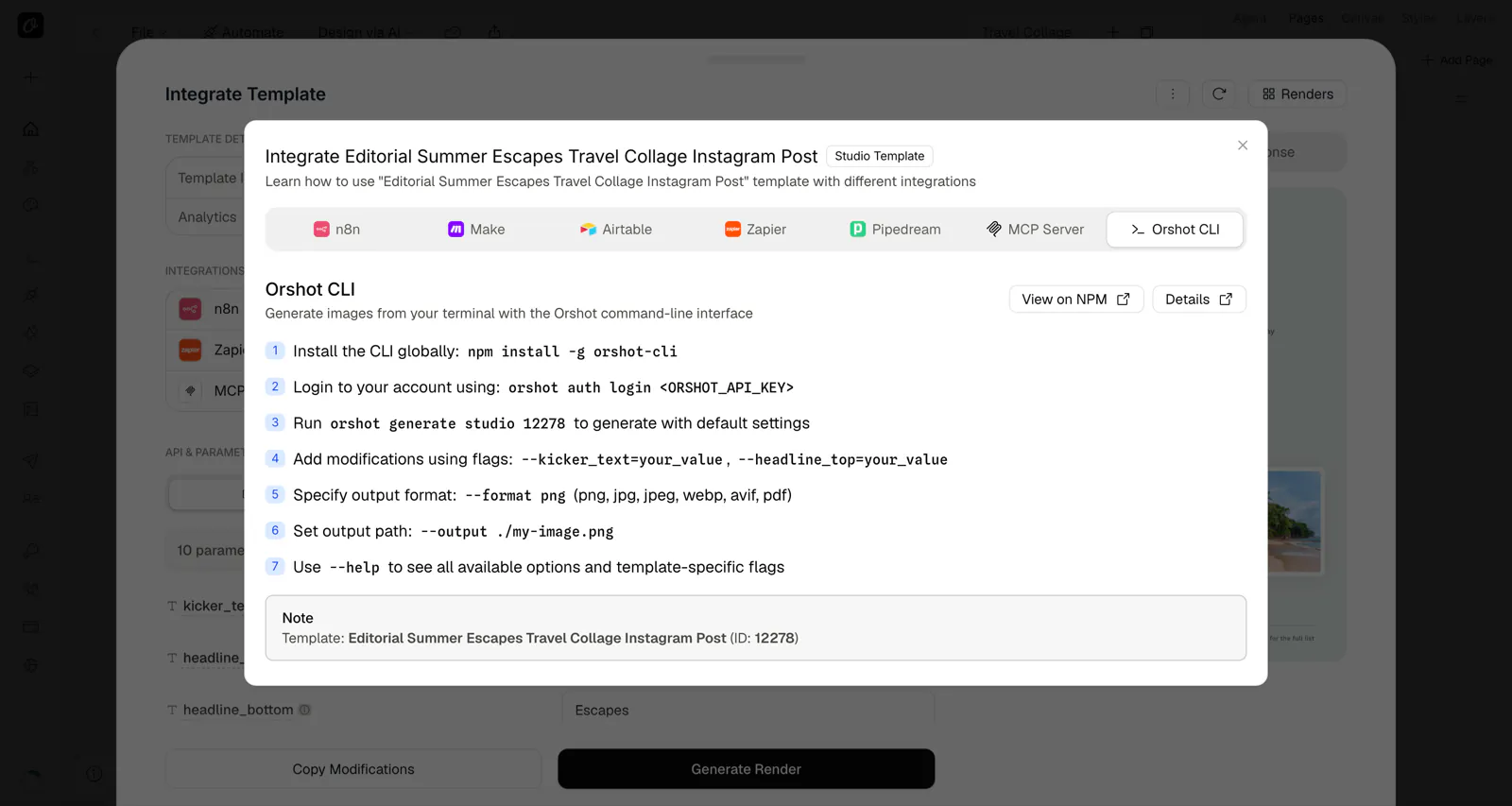 The Orshot CLI setup steps inside Orshot's Integrate Template panel — install, auth login, and generate commands for the selected template