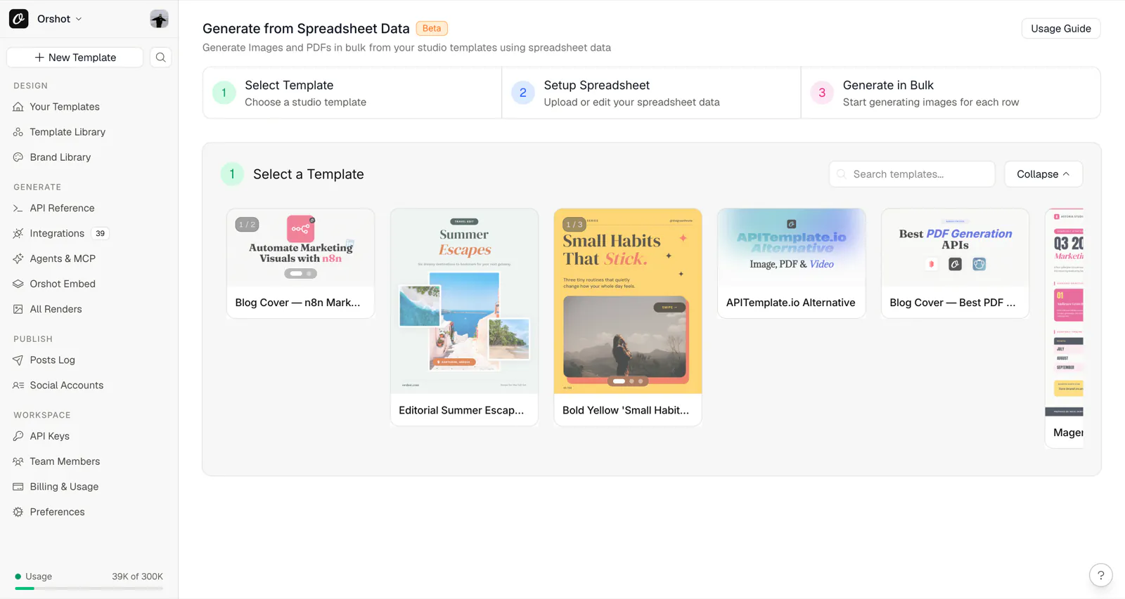 The Generate from Spreadsheet screen — pick a Studio template, then set up your data, then generate in bulk