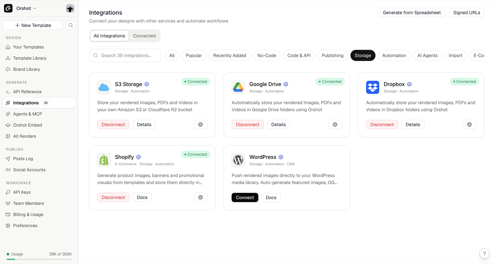 Orshot's Storage destinations — Google Drive alongside S3/R2 and Dropbox, each saving renders automatically
