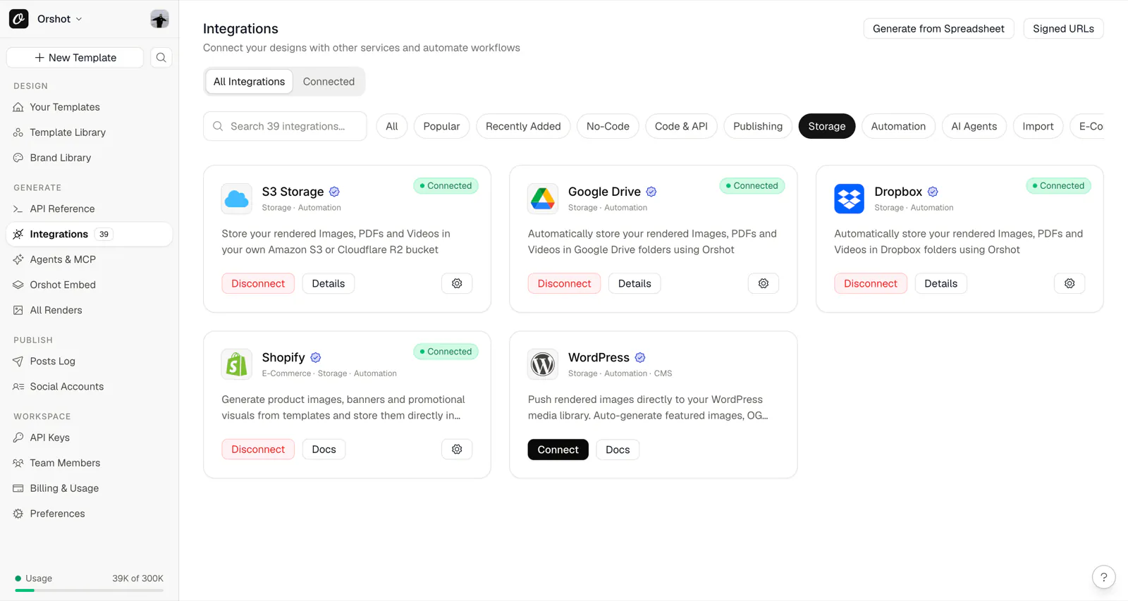 Orshot's Storage destinations — connect S3/R2, Google Drive, or Dropbox so every render is saved automatically