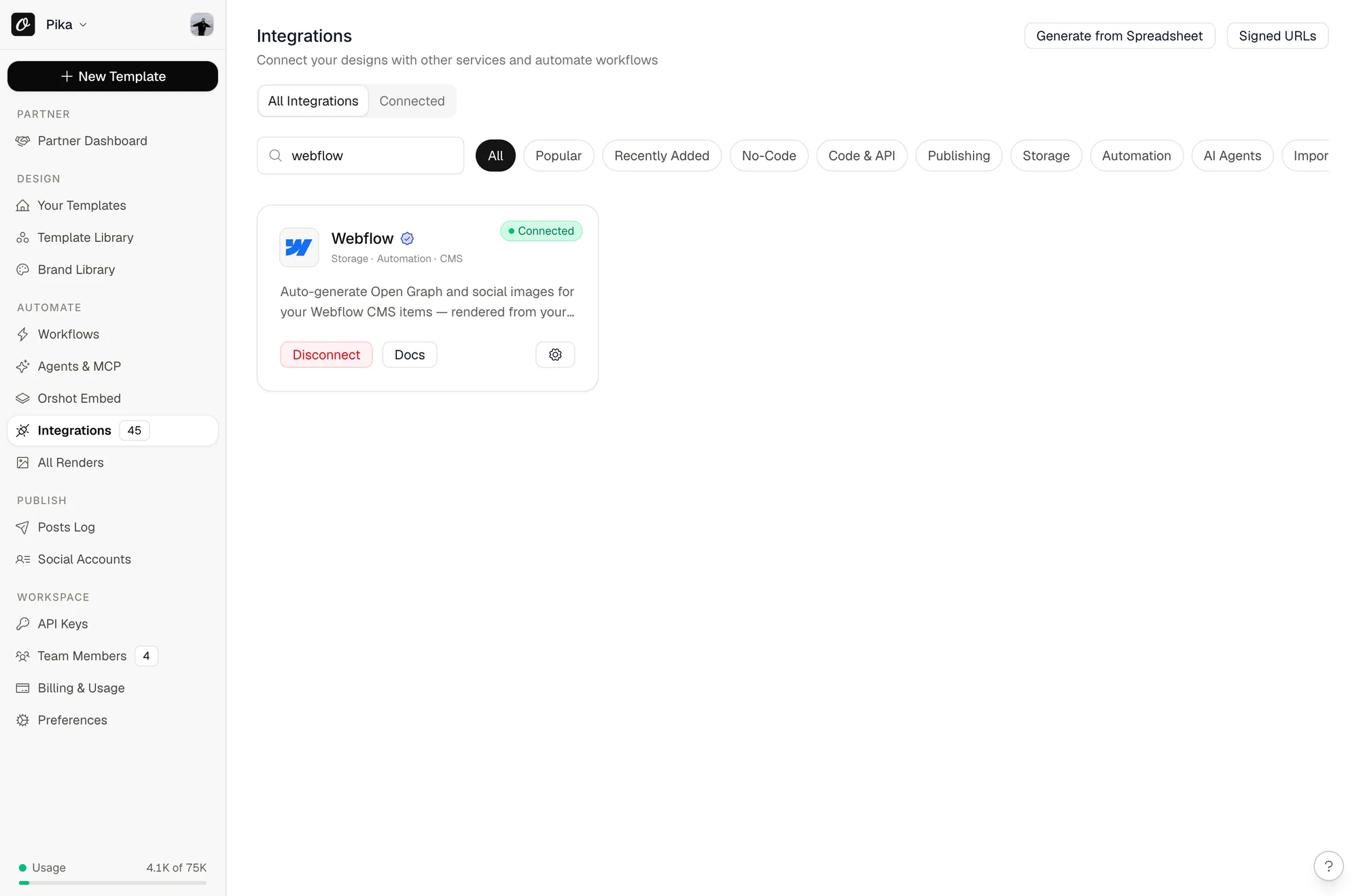 The Webflow integration connected in Orshot, showing the Connected badge with Disconnect, Docs and settings actions