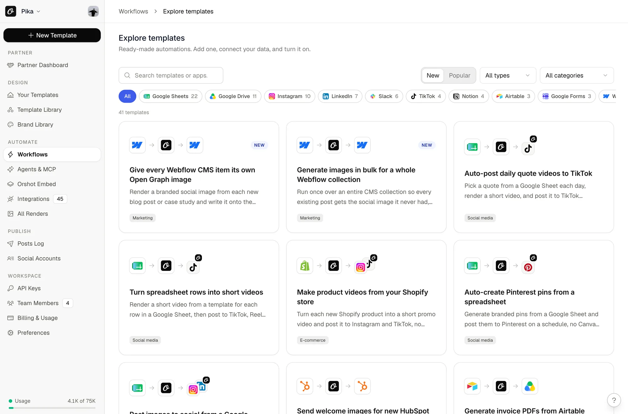 The Orshot preset gallery showing the two Webflow presets — one for new items, one for bulk generation across a collection