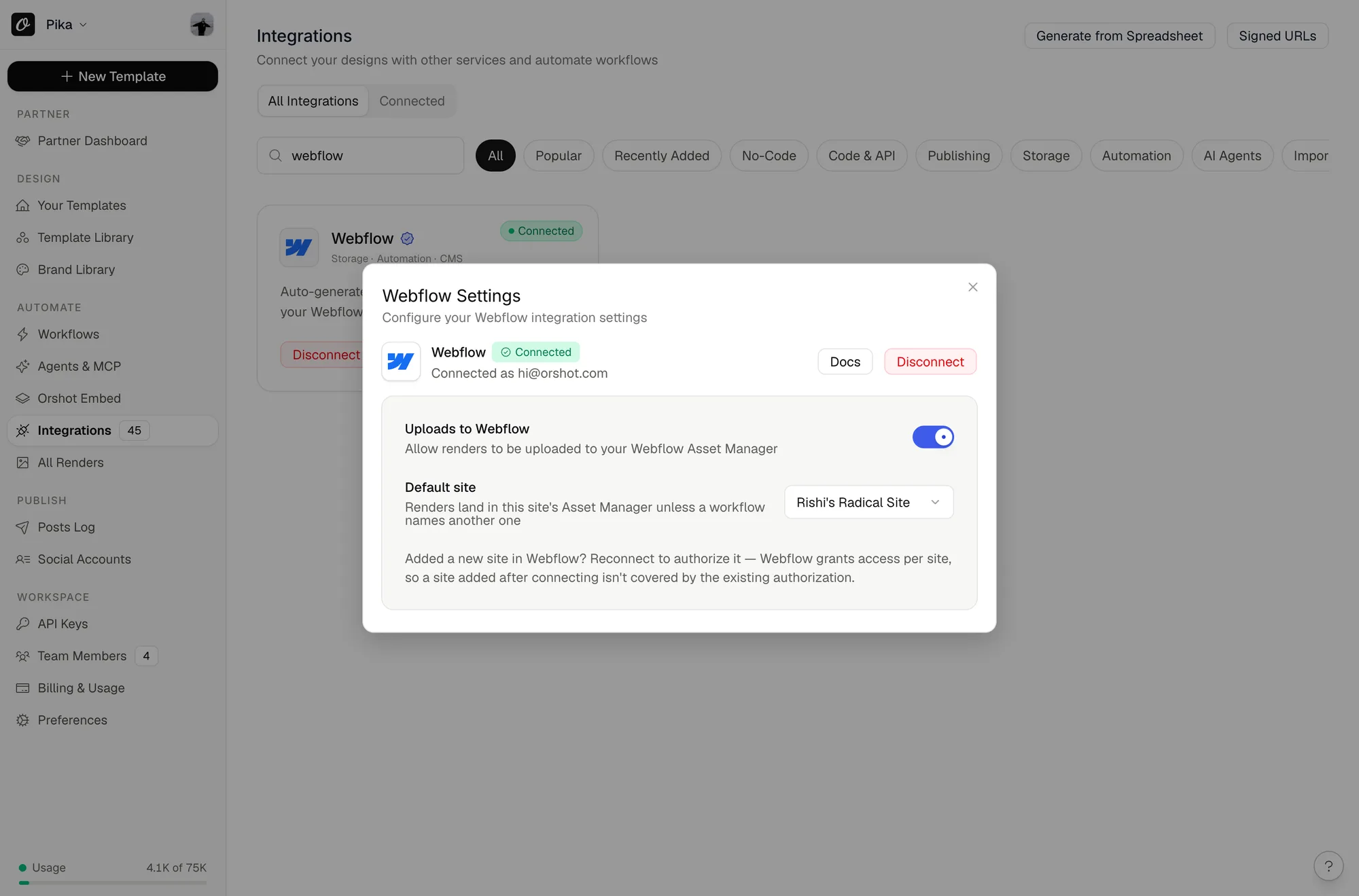 Webflow settings in Orshot — the connected account, an uploads toggle, and the default site picker