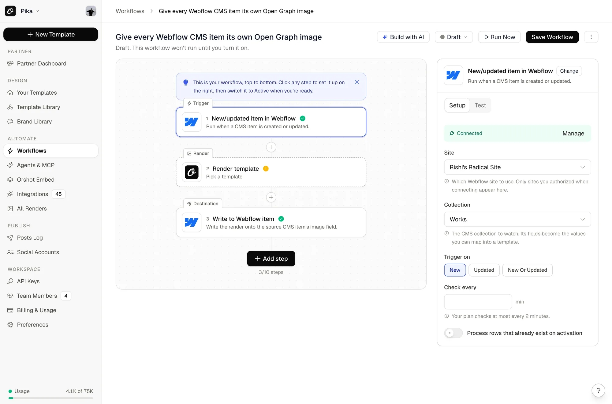 The Webflow trigger configured in the Orshot workflow builder, with the site and collection selected and the polling interval set