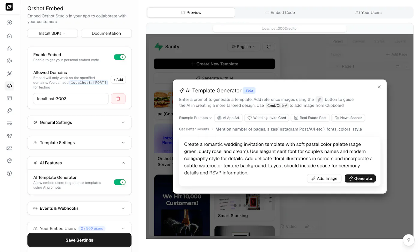 AI-powered template generation in the Orshot embed