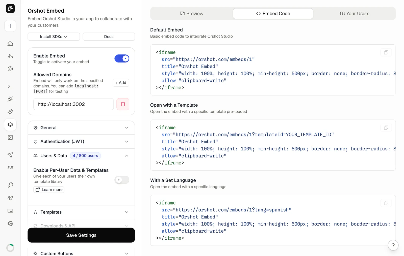 The Embed Code tab in the Orshot Embed dashboard — copy-ready iframe snippets for the default embed, opening with a template, and setting a language