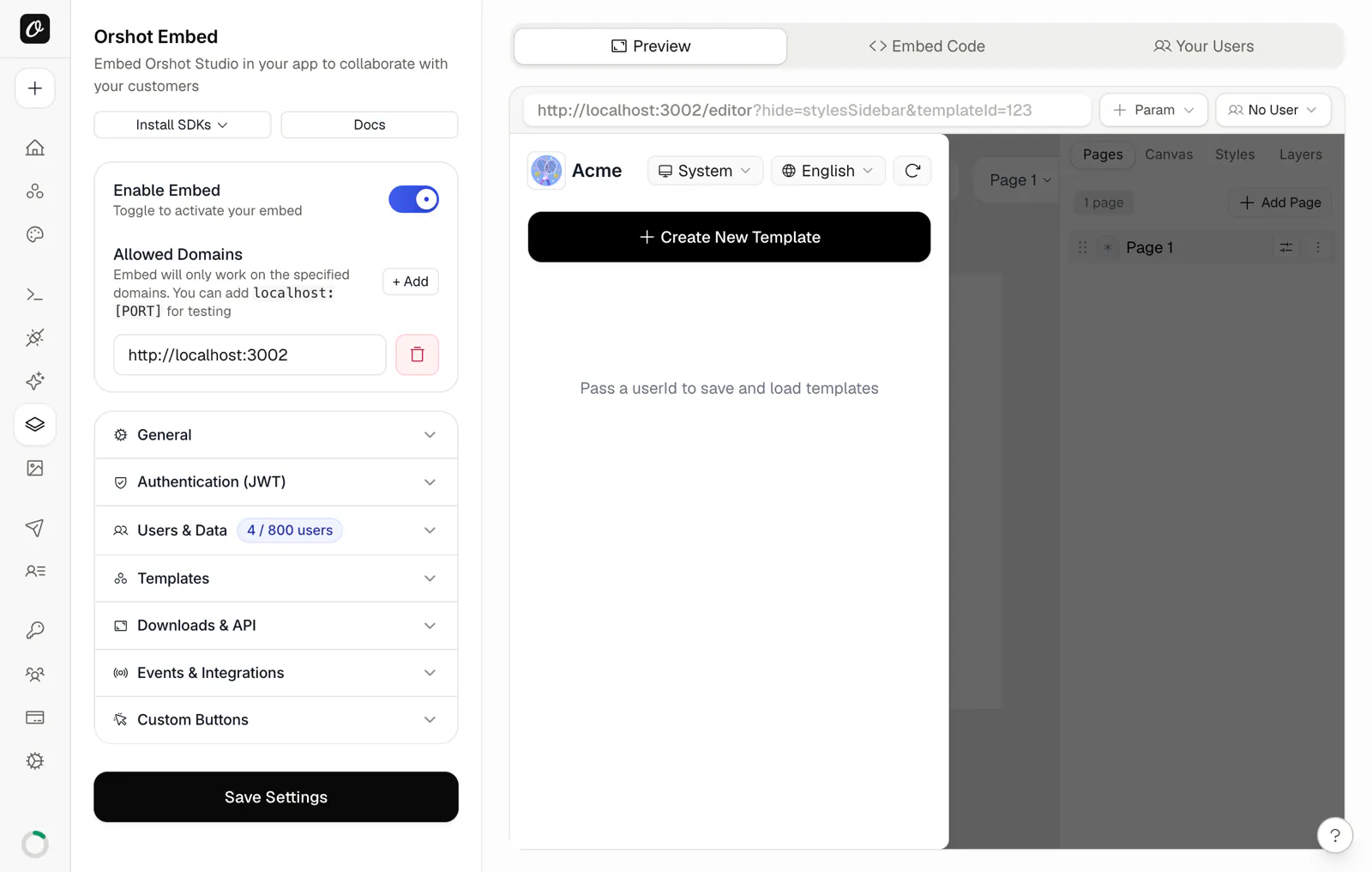 The Orshot Embed dashboard — toggle Enable Embed, set Allowed Domains, configure permissions/JWT/users, and live-preview the embedded editor